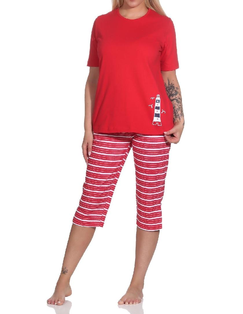 Maritimer Damen kurzarm Capri Schlafanzug mit Leuchtturm als Motiv - auch in Übergrössen