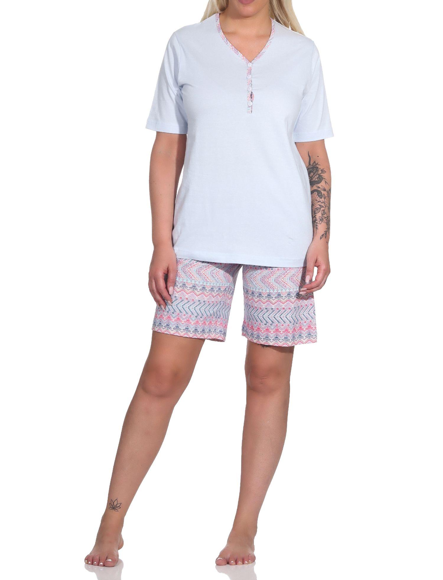 Normann Damen kurzarm Schlafanzug Shorty Pyjama im Ethnolook - auch in Übergrössen
