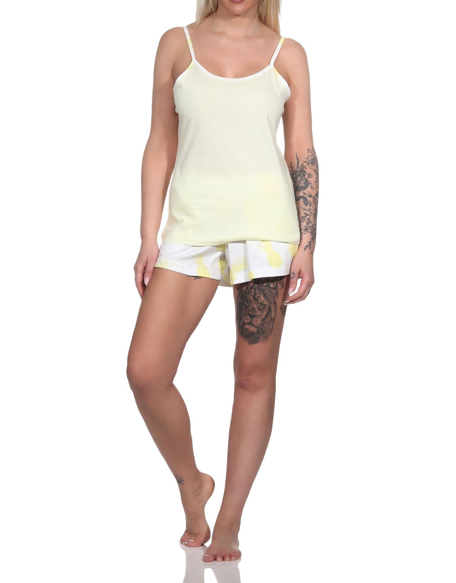 Normann Spaghettiträger Damen Schlafanzug Shorty Pyjama mit Ananas als Motiv