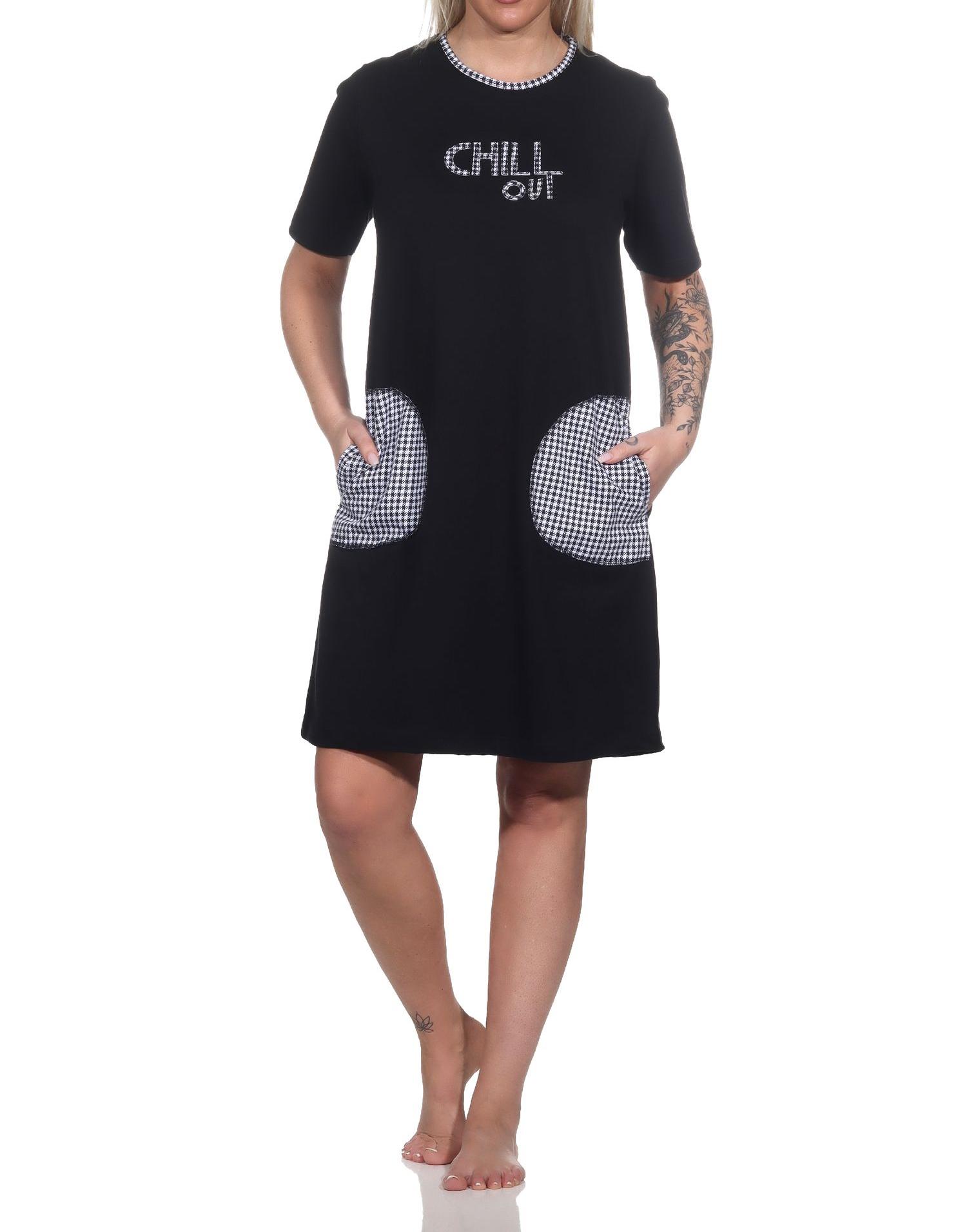 Damen kurzarm Nachthemd mit aufgesetzten Taschen und Frontprint – auch in Übergrößen Damen kurzarm Nachthemd mit aufgesetzten Taschen und Frontprint – auch in Übergrößen