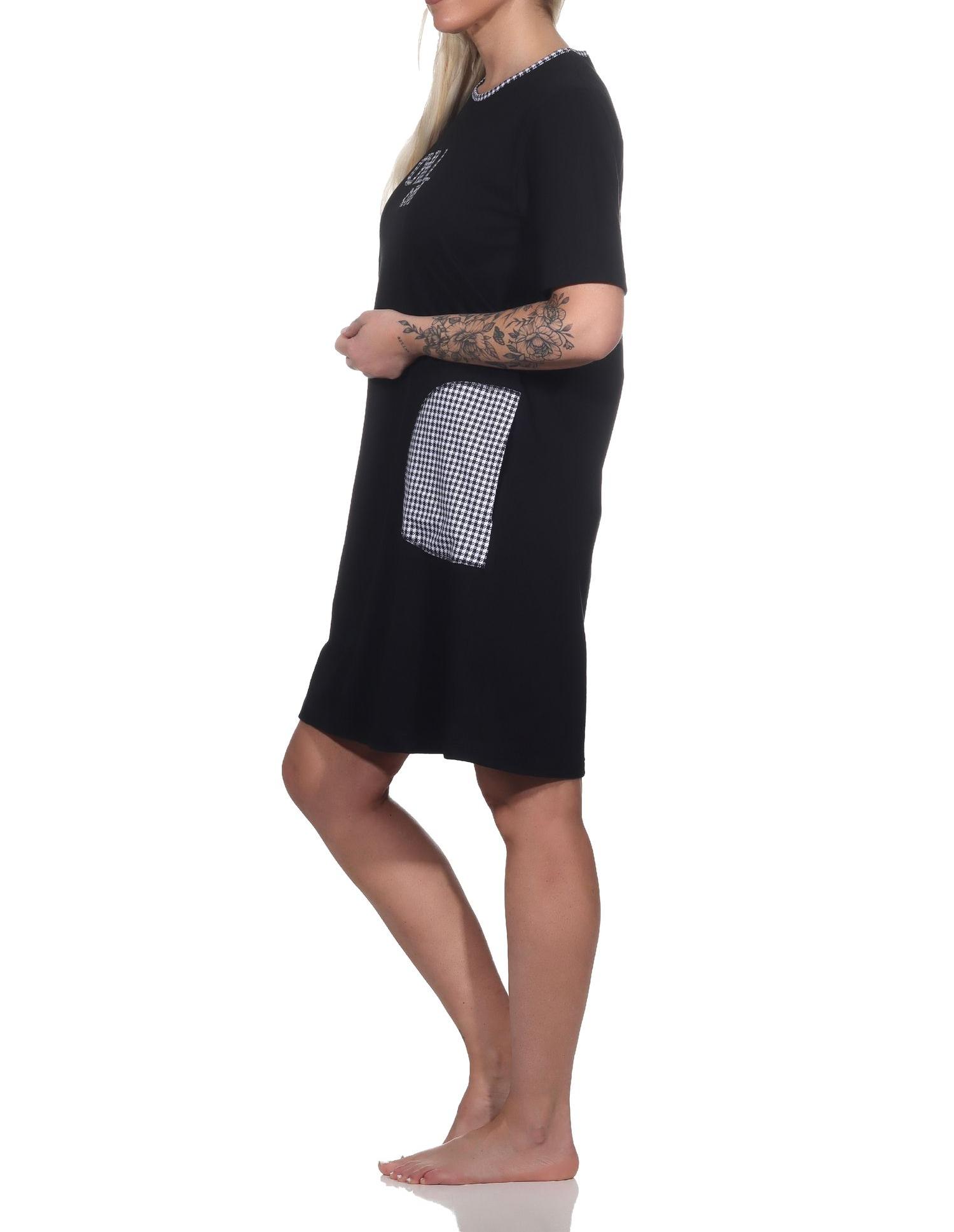 Damen kurzarm Nachthemd mit aufgesetzten Taschen und Frontprint – auch in Übergrößen - 123 214 90 100 Damen kurzarm Nachthemd mit aufgesetzten Taschen und Frontprint – auch in Übergrößen