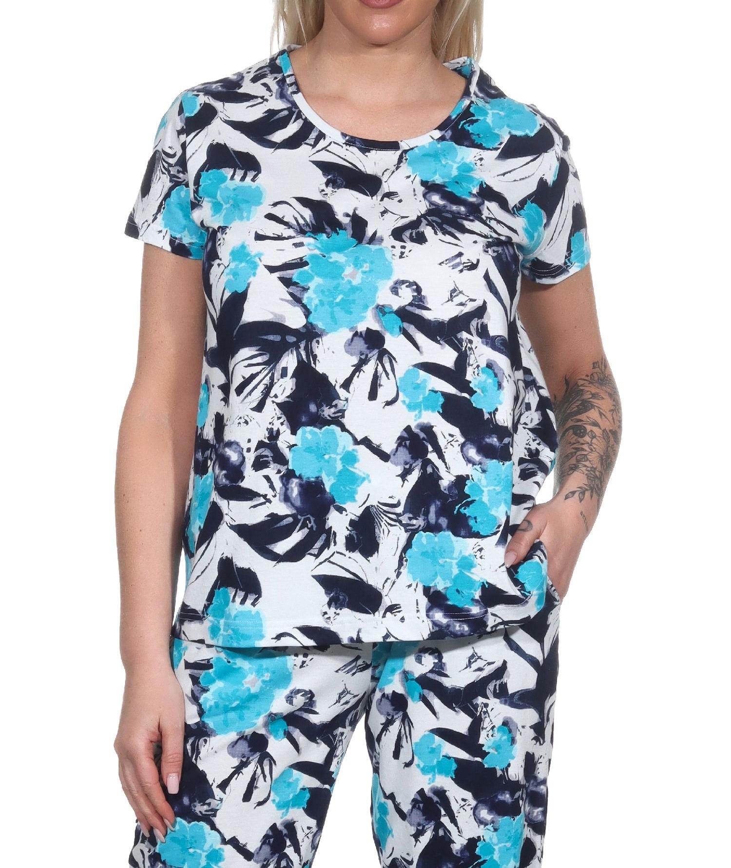 Damen Schlafanzug Shirt kurzarm Pyjama Oberteil Mix & Match in floraler Optik