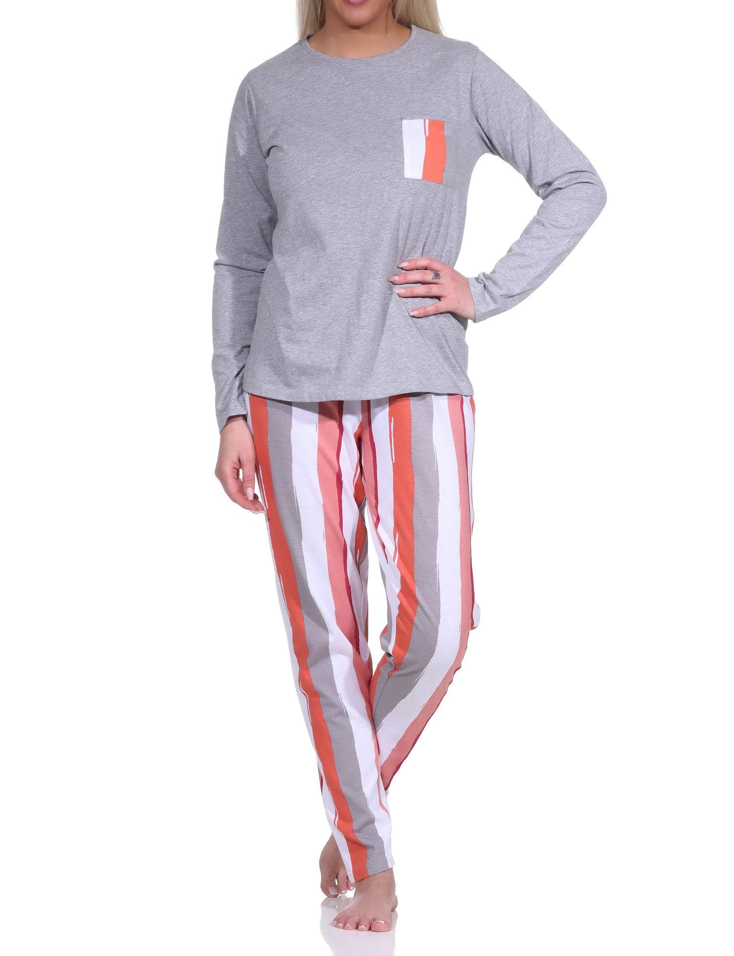 Lässiger Damen Schlafanzug lang mit tollem Farbzusammenspiel - Blumen / Streifen-Optik Lässiger Damen Schlafanzug lang mit tollem Farbzusammenspiel - Blumen / Streifen-Optik