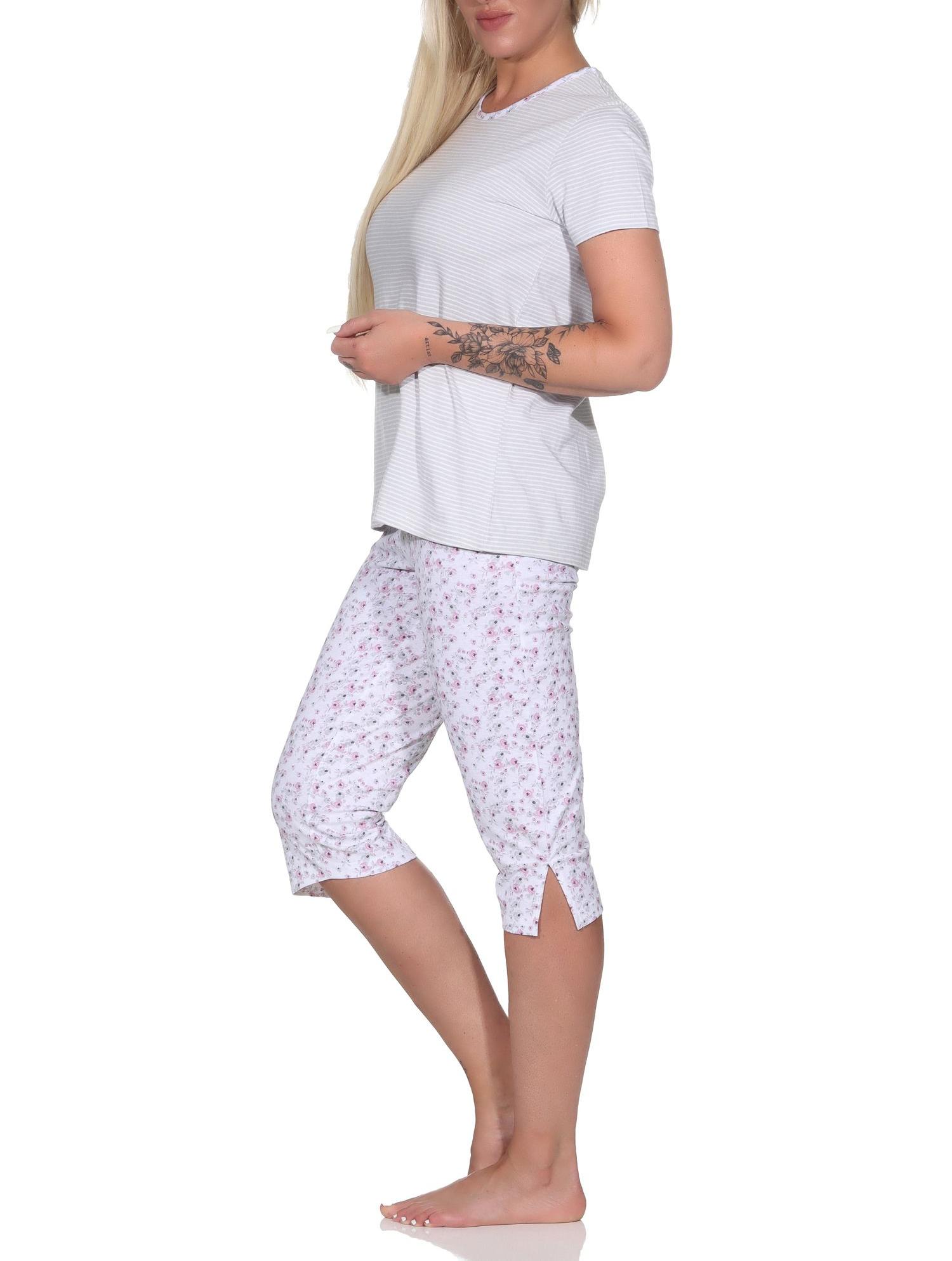 Floraler Damen Capri Pyjama Schlafanzug mit Streifen, 3/4 Hose & Rundhals – 122 204 10 722 Floraler Damen Capri Pyjama Schlafanzug mit Streifen, 3/4 Hose & Rundhals