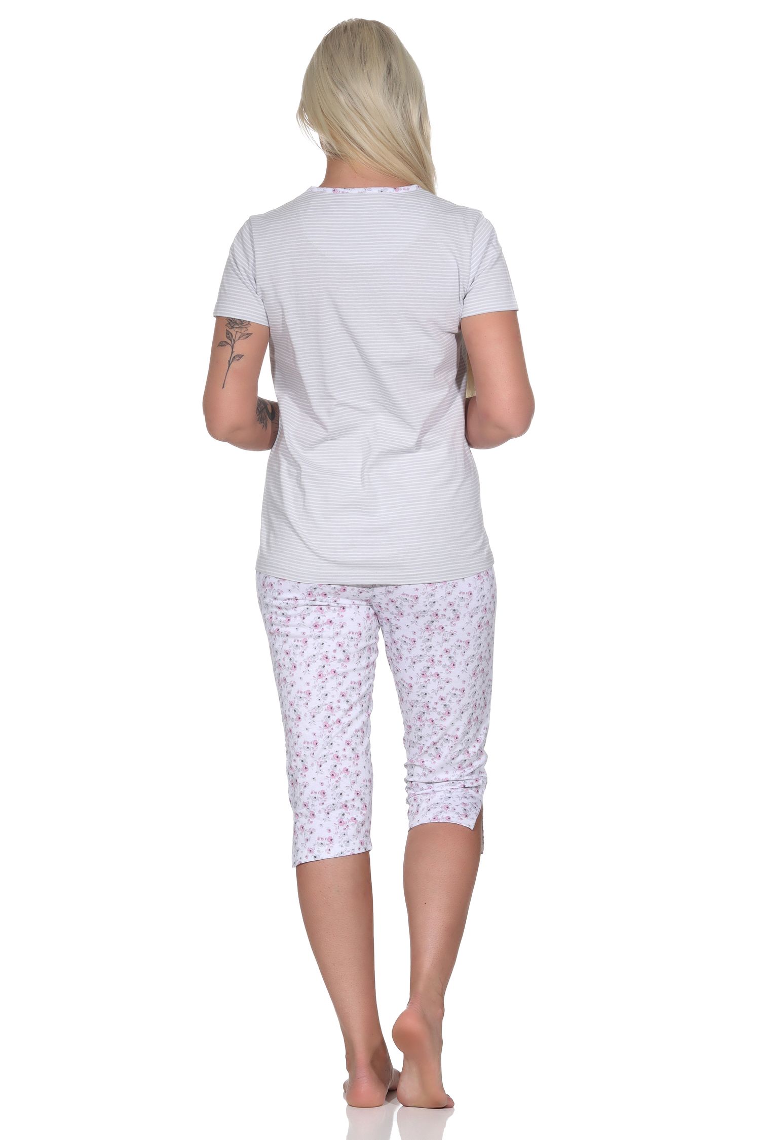Floraler Damen Capri Pyjama Schlafanzug mit Streifen, 3/4 Hose & Rundhals – 122 204 10 722 Floraler Damen Capri Pyjama Schlafanzug mit Streifen, 3/4 Hose & Rundhals