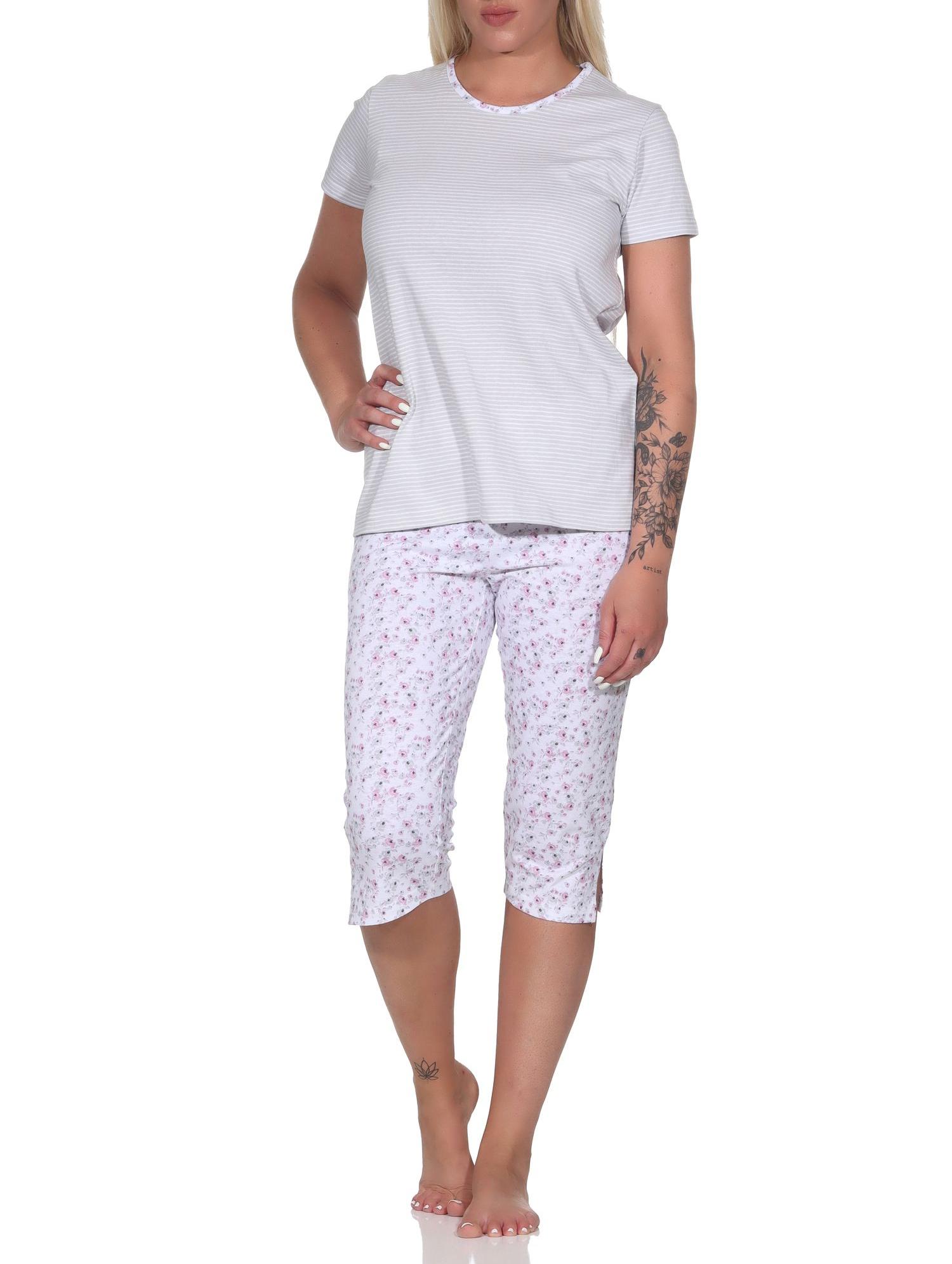 Floraler Damen Capri Pyjama Schlafanzug mit Streifen, 3/4 Hose & Rundhals