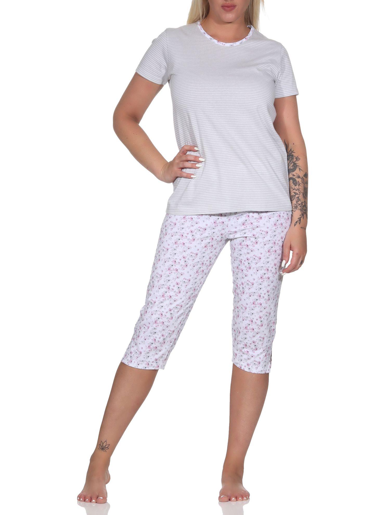 Floraler Damen Capri Pyjama Schlafanzug mit Streifen, 3/4 Hose & Rundhals