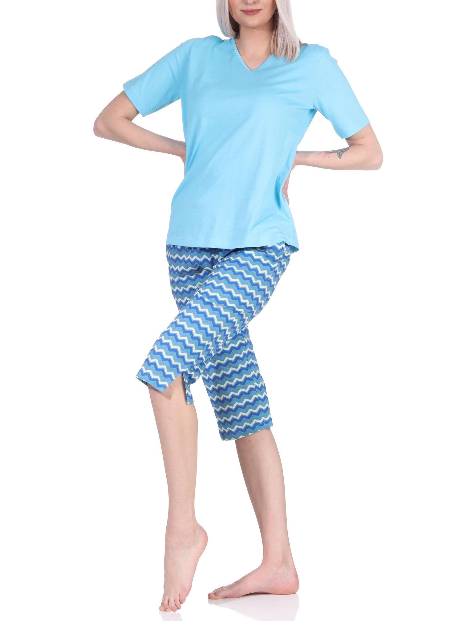 Cooler Damen Capri Pyjama mit 3/4 Capri Shorts, Schlafanzug im Ethno-Style