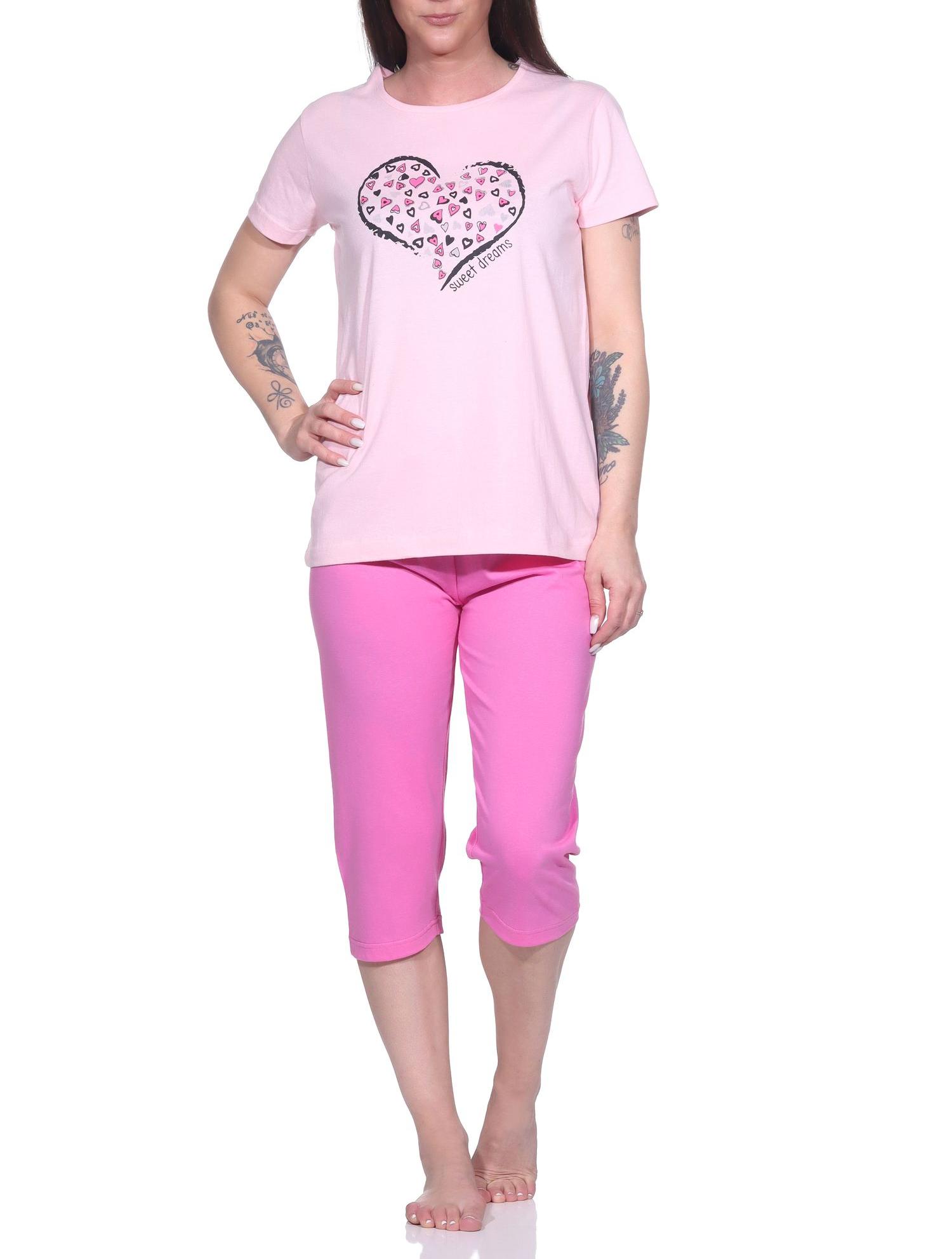Damen Capri Schlafanzug, 3/4-Capri-Pyjama mit süßem Herzchen-Muster