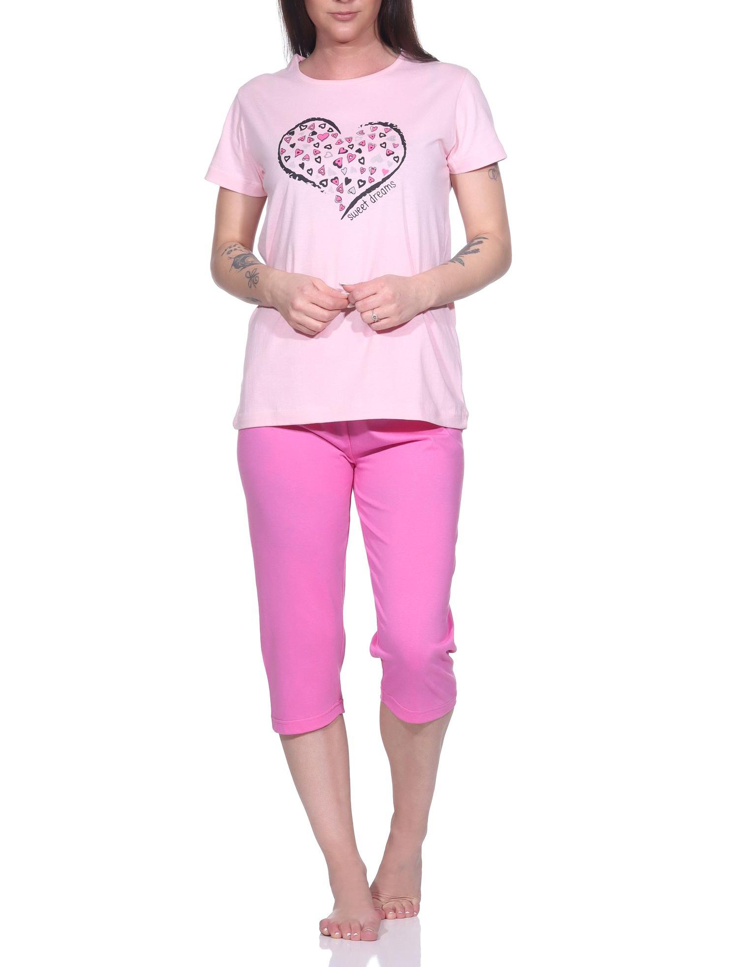 Damen Capri Schlafanzug, 3/4-Capri-Pyjama mit süßem Herzchen-Muster