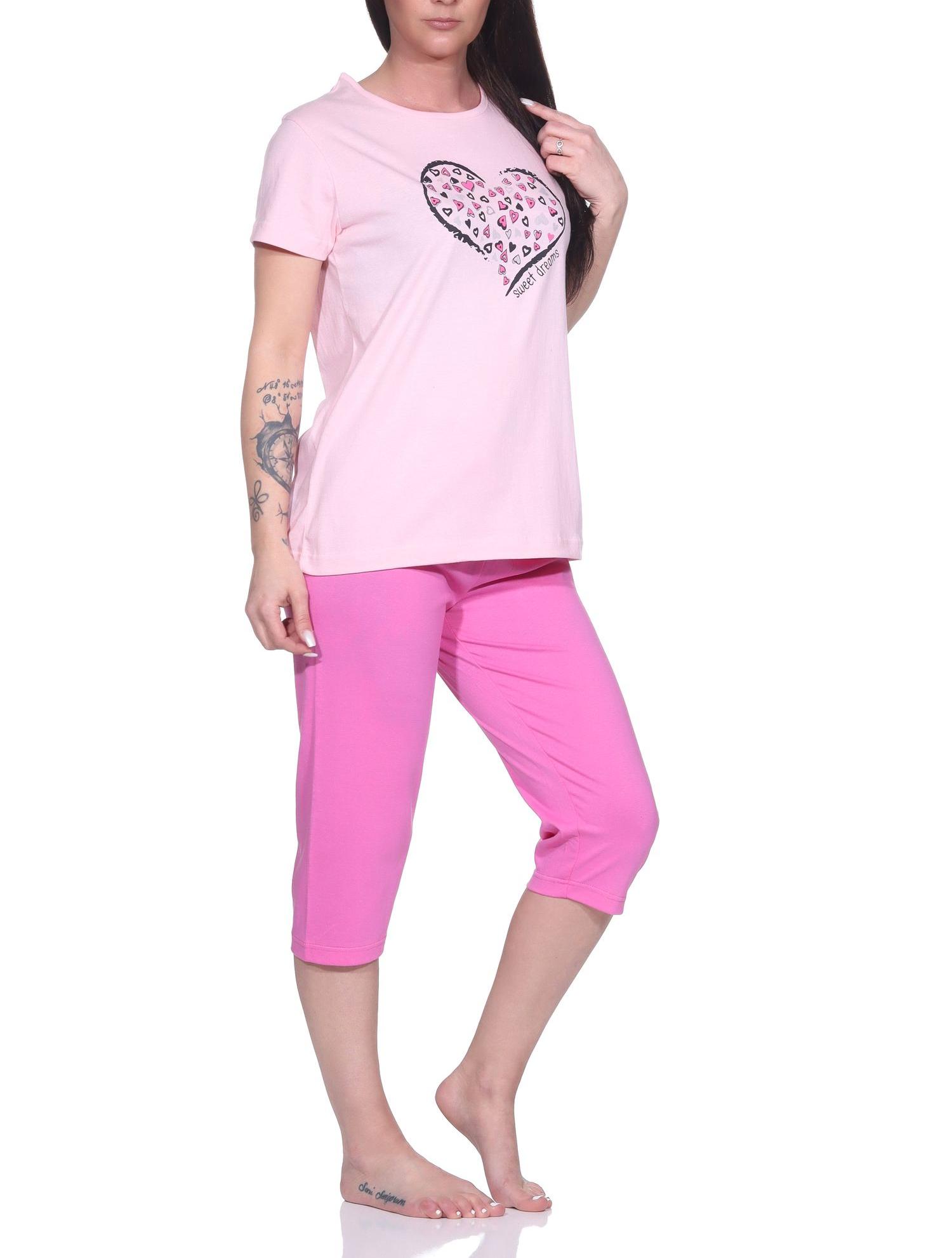 Damen Capri Schlafanzug, 3/4-Capri-Pyjama mit süßem Herzchen-Muster
