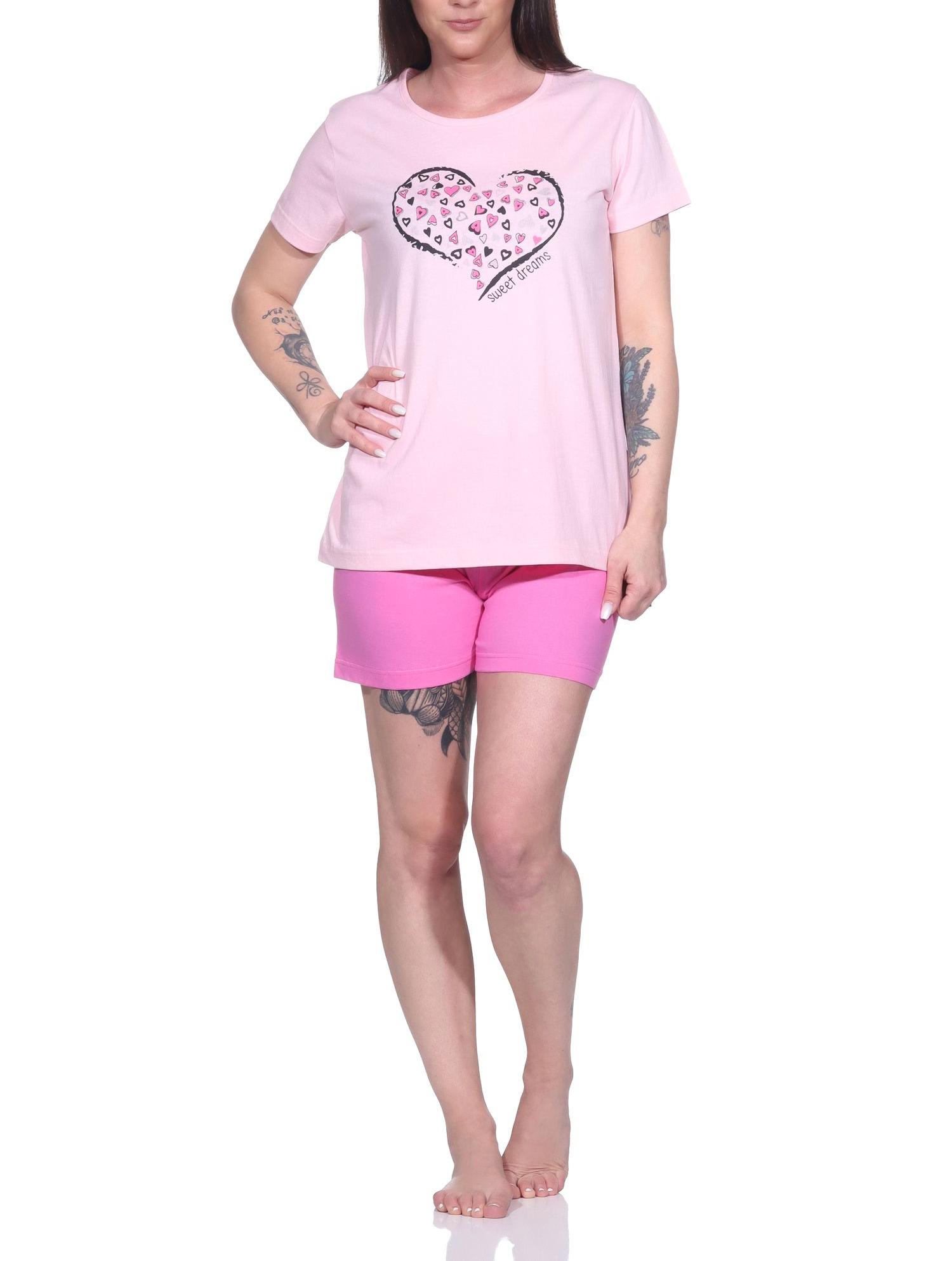 Bezaubernder Damen Pyjama Shorty Schlafanzug mit romantischem Herzchen-Muster Bezaubernder Damen Pyjama Shorty Schlafanzug mit romantischem Herzchen-Muster