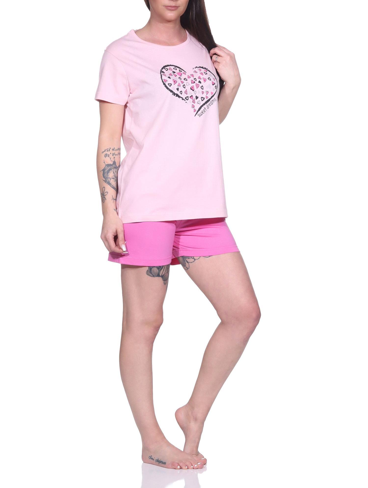 Bezaubernder Damen Pyjama Shorty Schlafanzug mit romantischem Herzchen-Muster