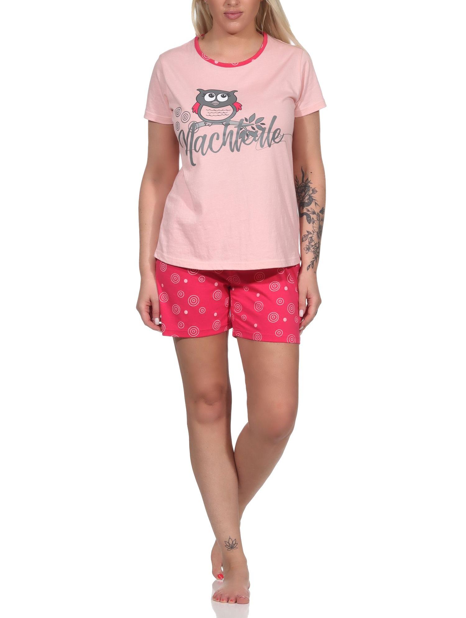 Süßer Damen Shorty Schlafanzug kurzarm mit Eulen-Motiv und Punkten
