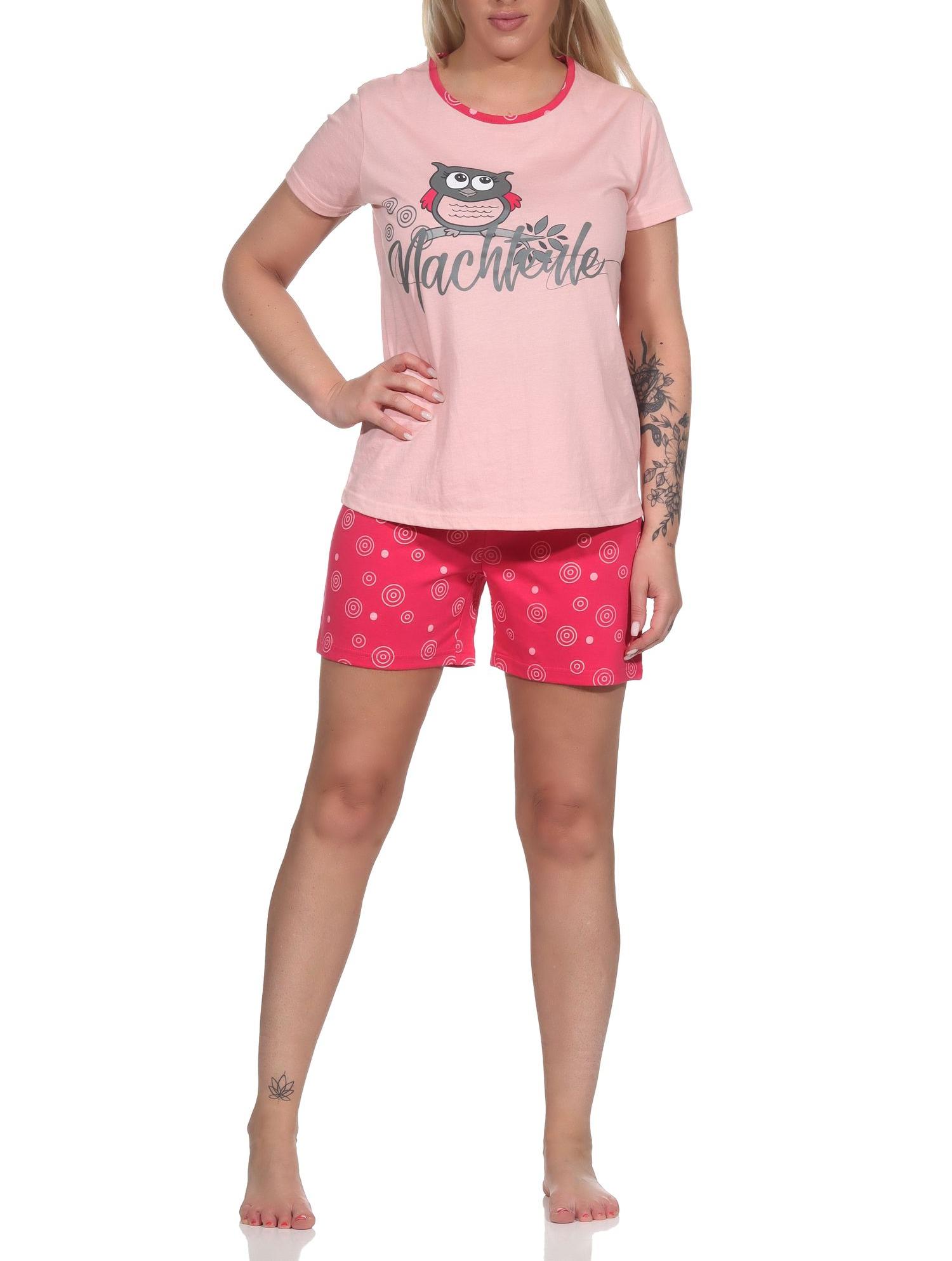 Süßer Damen Shorty Schlafanzug kurzarm mit Eulen-Motiv und Punkten