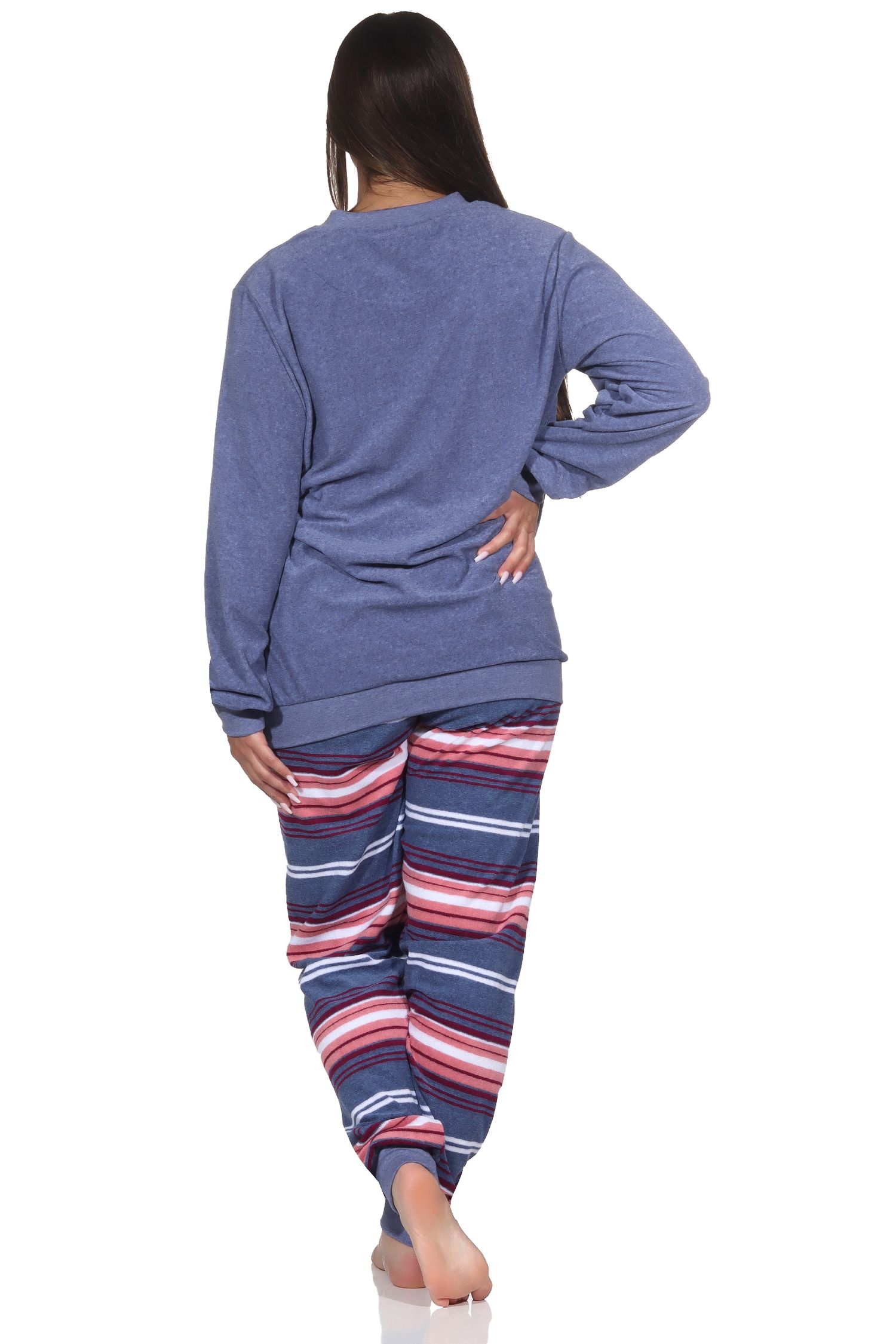 Normann Damen Frottee Schlafanzug lang mit Bündchen - Hose gestreift - auch in Übergröße