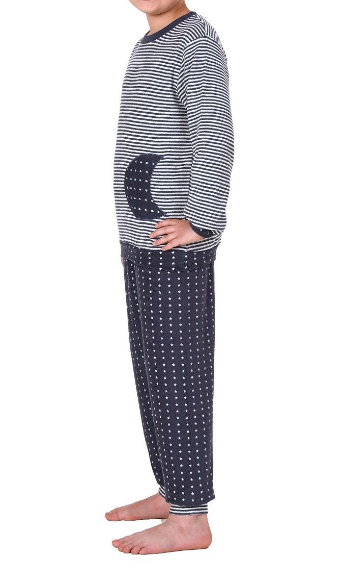 Jungen Frottee Pyjama mit Bündchen, warmer Kinder Schlafanzug in Ringel-Optik (Unisex)
