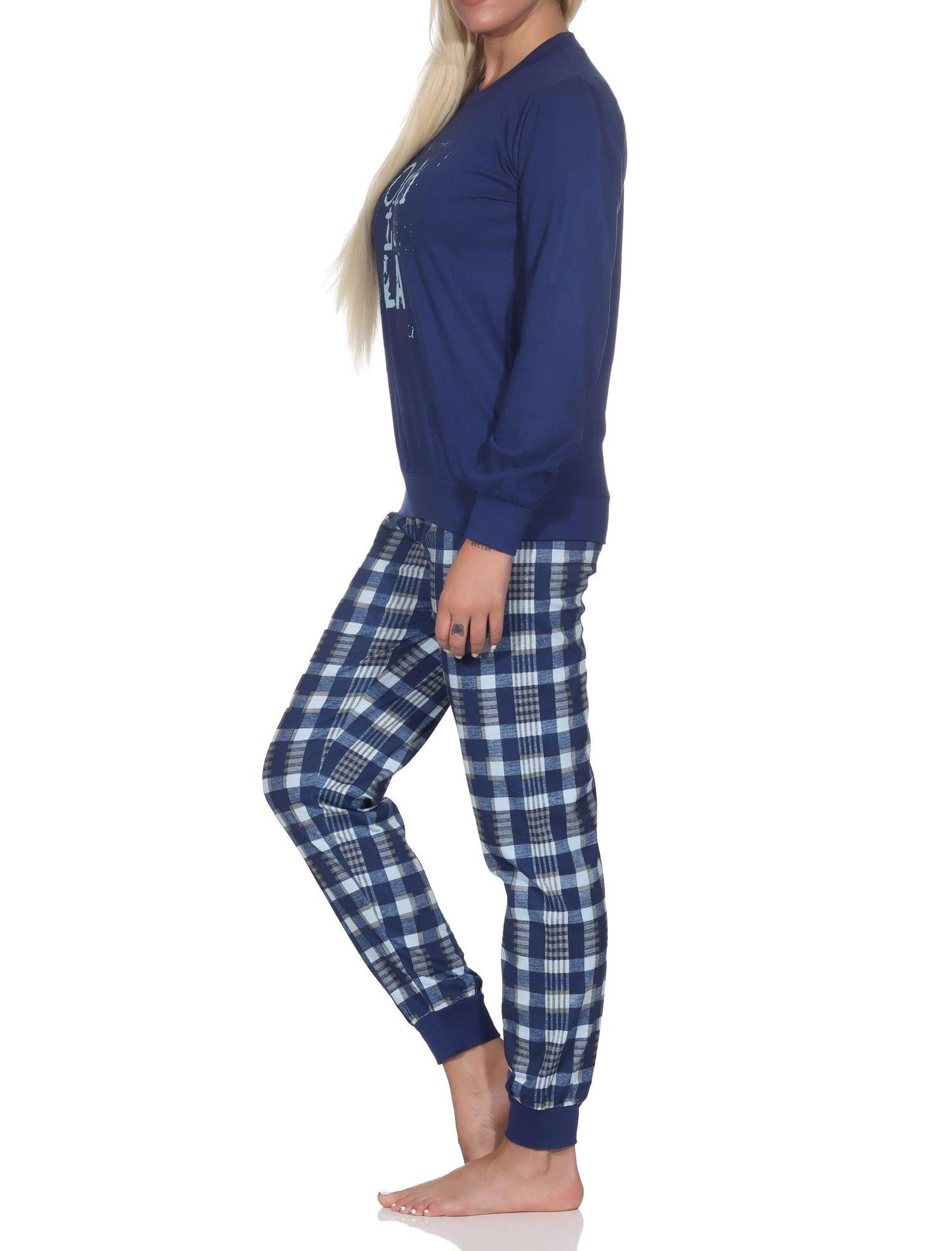 Normann Damen langarm Schlafanzug mit Bündchen Pyjama mit karierter Jersey Hose