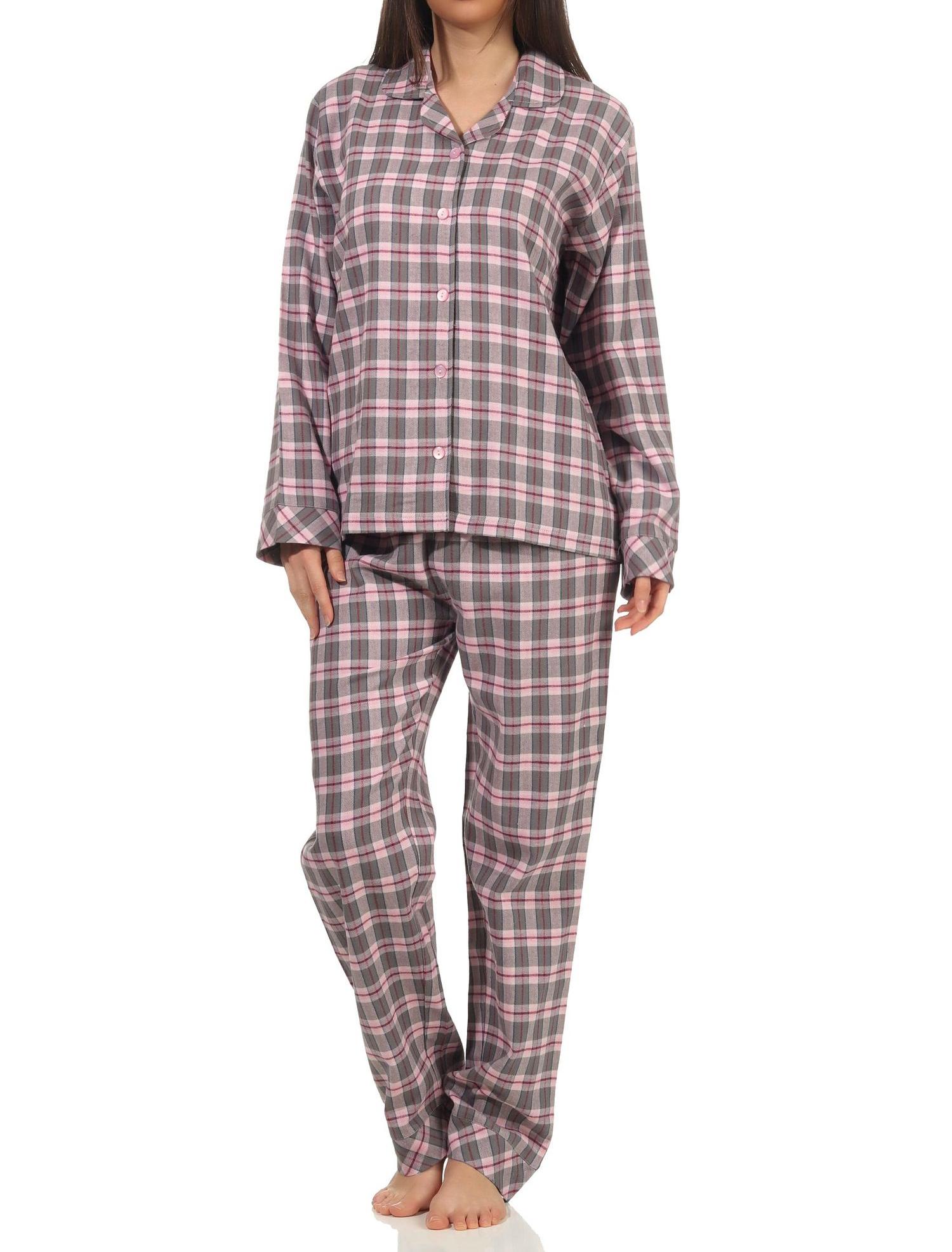 Normann Damen Flanell Schlafanzug lang Pyjama mit Knopfleiste und Hemdkragen Normann Damen Flanell Schlafanzug lang Pyjama mit Knopfleiste und Hemdkragen