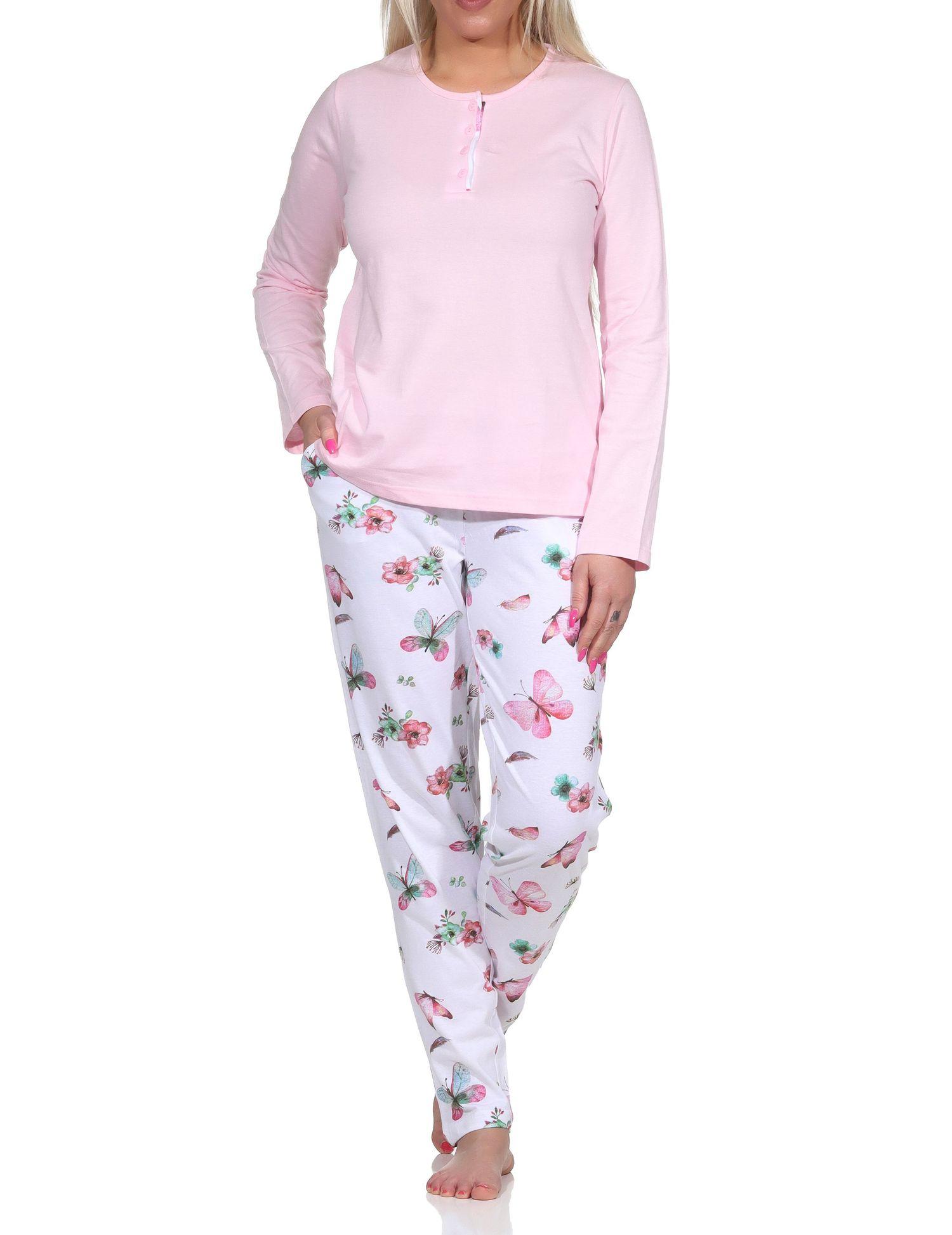 Normann Damen Schlafanzug langarm Pyjama mit Pyjamahose in floralem Schmetterlings Print