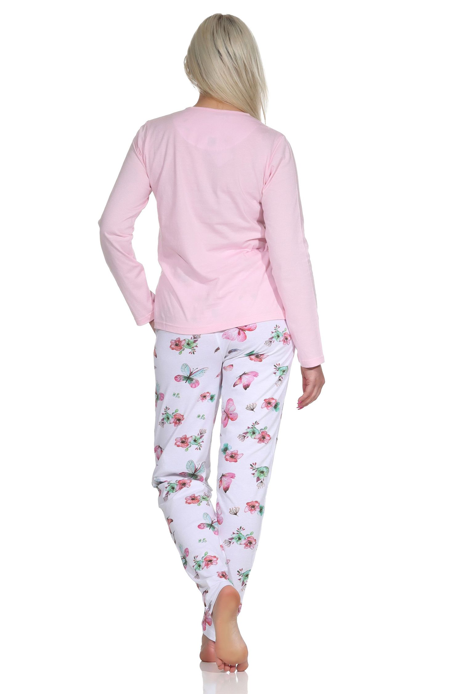 Normann Damen Schlafanzug langarm Pyjama mit Pyjamahose in floralem Schmetterlings Print