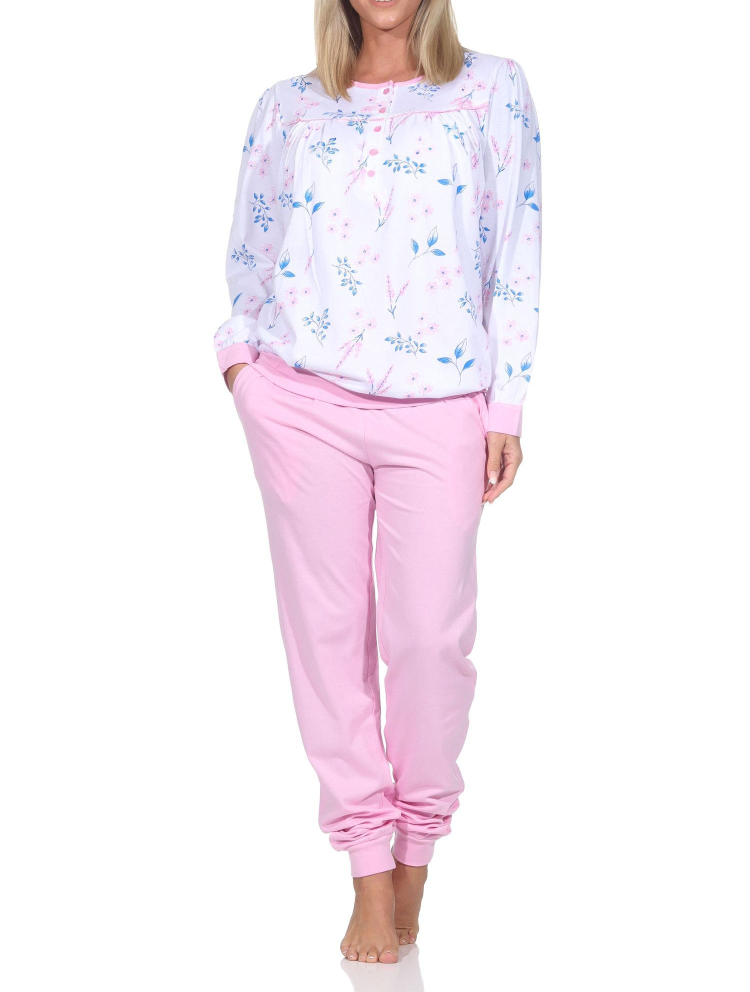 Normann Damen fraulicher Langarm Schlafanzug Pyjama mit Bündchen in Klassischer Optik