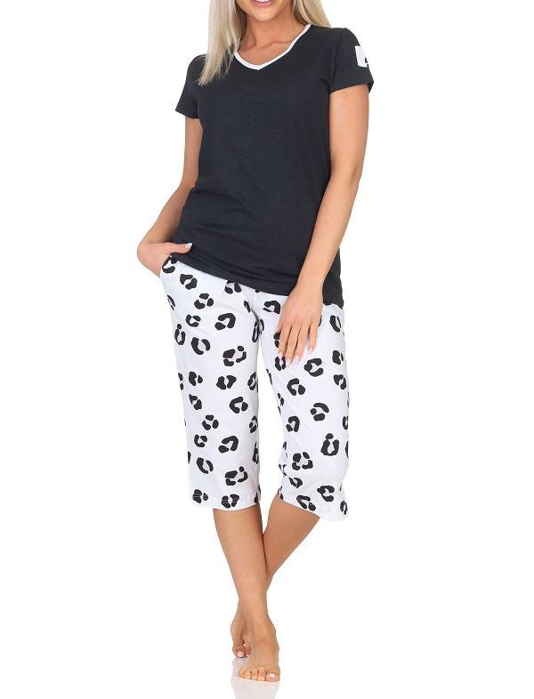 Normann Damen kurzarm Capri Schlafanzug Shorty Pyjama aus weichem Jersey  mit Tiermotiv