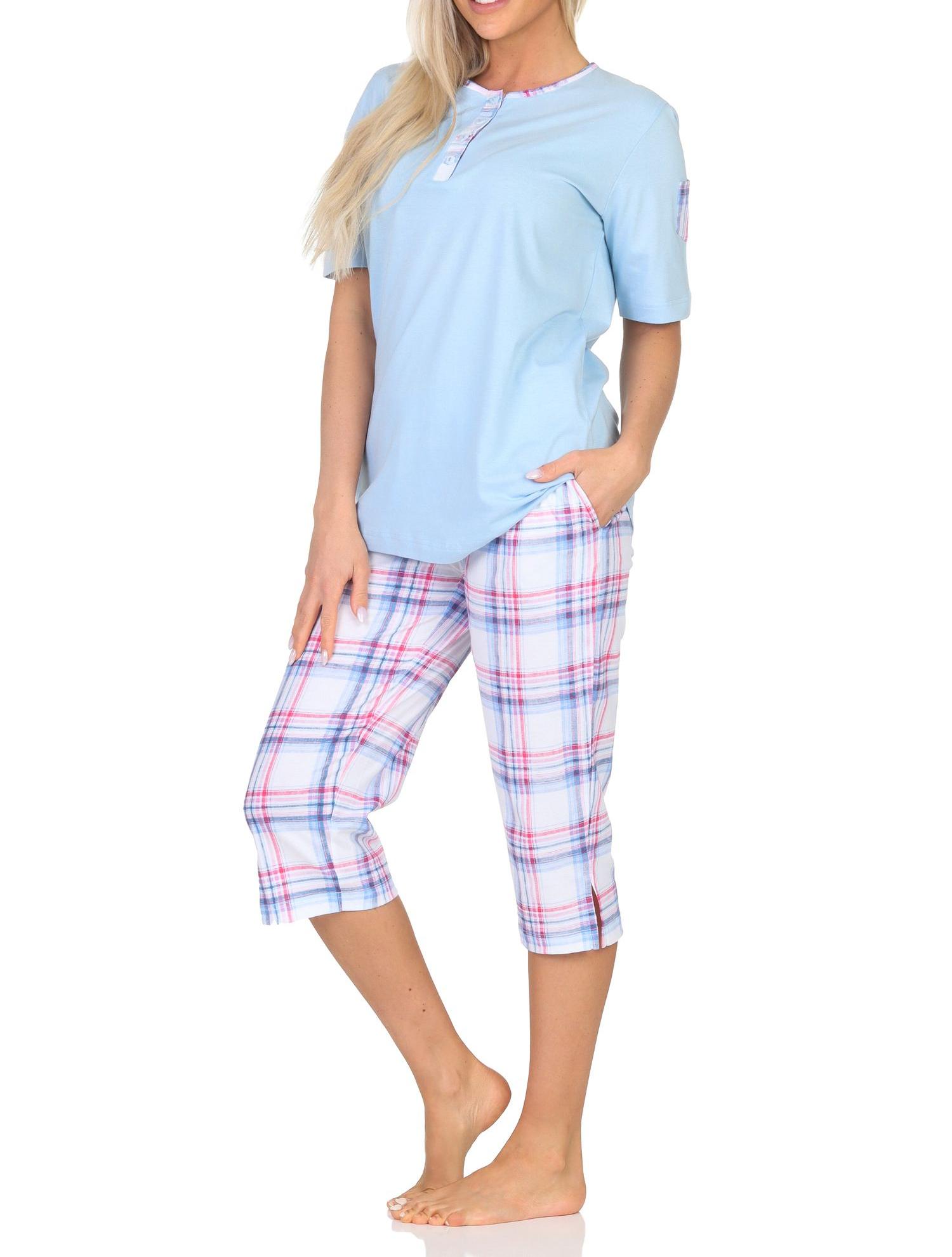 Normann Damen Schlafanzug kurzarm Shorty mit karierter Capri Pyjama-Hose aus Jersey - auch in Übergröße Normann Damen Schlafanzug mit karierter Capri Pyjama-Hose aus Jersey - auch in Übergröße