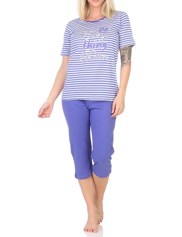 Normann Damen kurzarm Capri Schlafanzug Pyjama in feiner Streifenoptik mit Frontprint Normann Damen kurzarm Capri Schlafanzug Pyjama in feiner Streifenoptik mit Frontprint