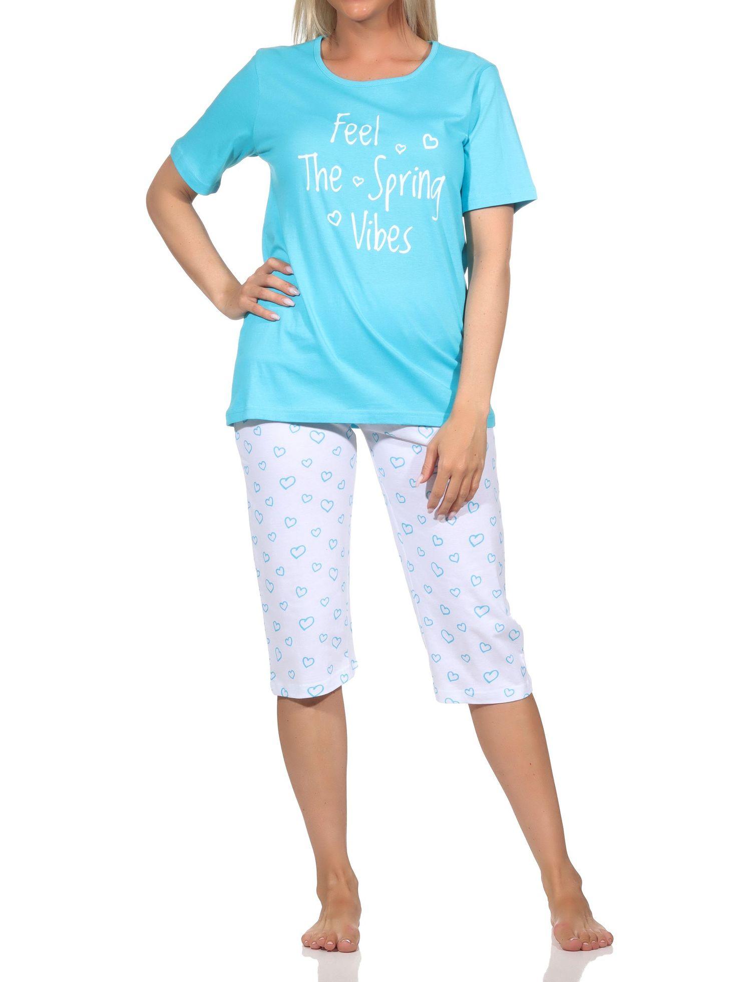 Normann Damen Schlafanzug kurzarm Shorty mit Pyjama Capri-Hose in Herz Optik