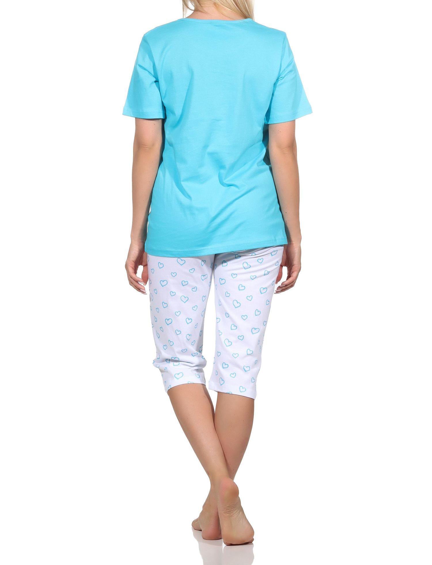 Normann Damen Schlafanzug kurzarm Shorty mit Pyjama Capri-Hose in Herz Optik