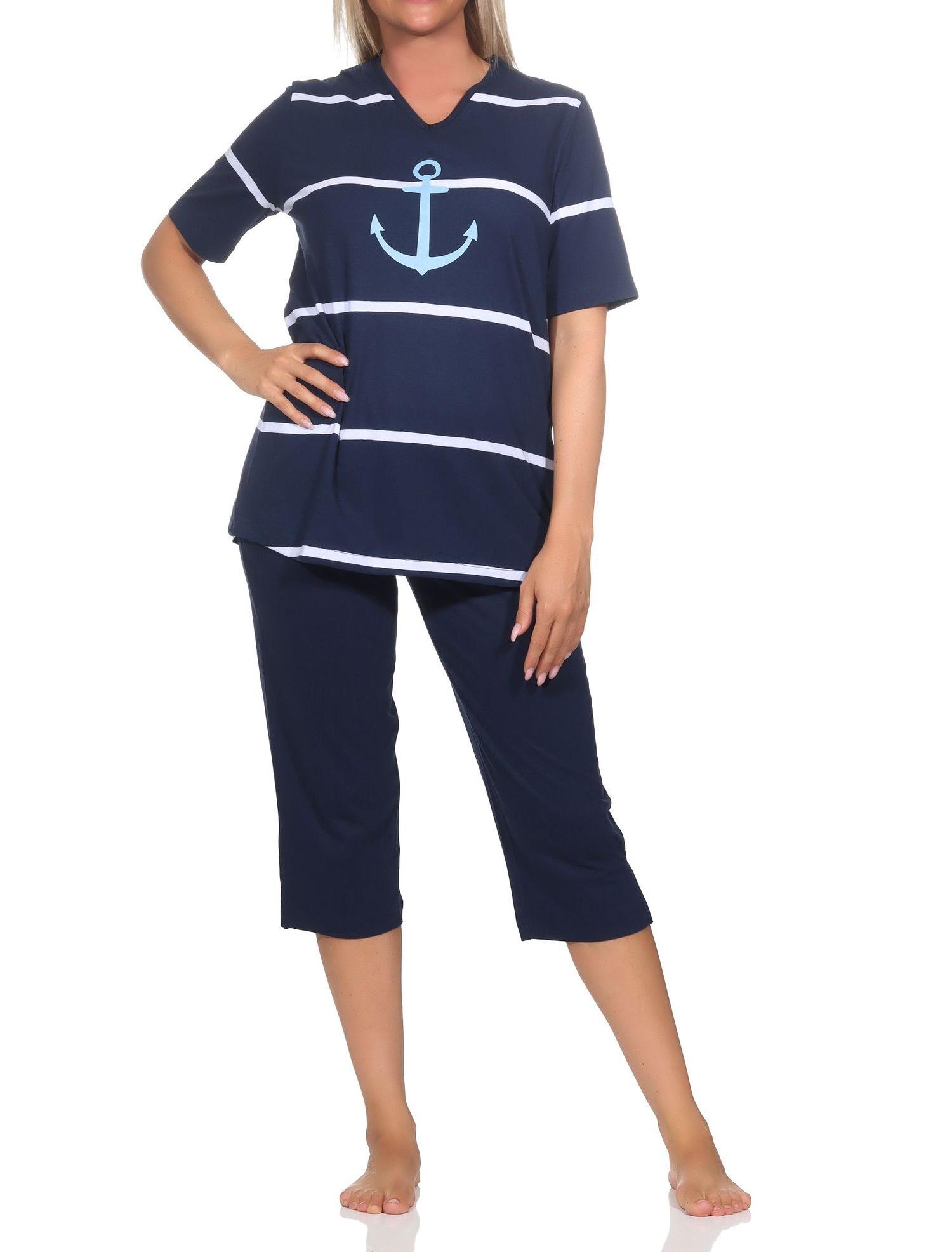Maritimer Damen kurzarm Capri Schlafanzug Shorty mit Anker Motiv - auch in Übergröße Maritimer Damen kurzarm Capri Schlafanzug Shorty mit Anker Motiv - auch in Übergröße