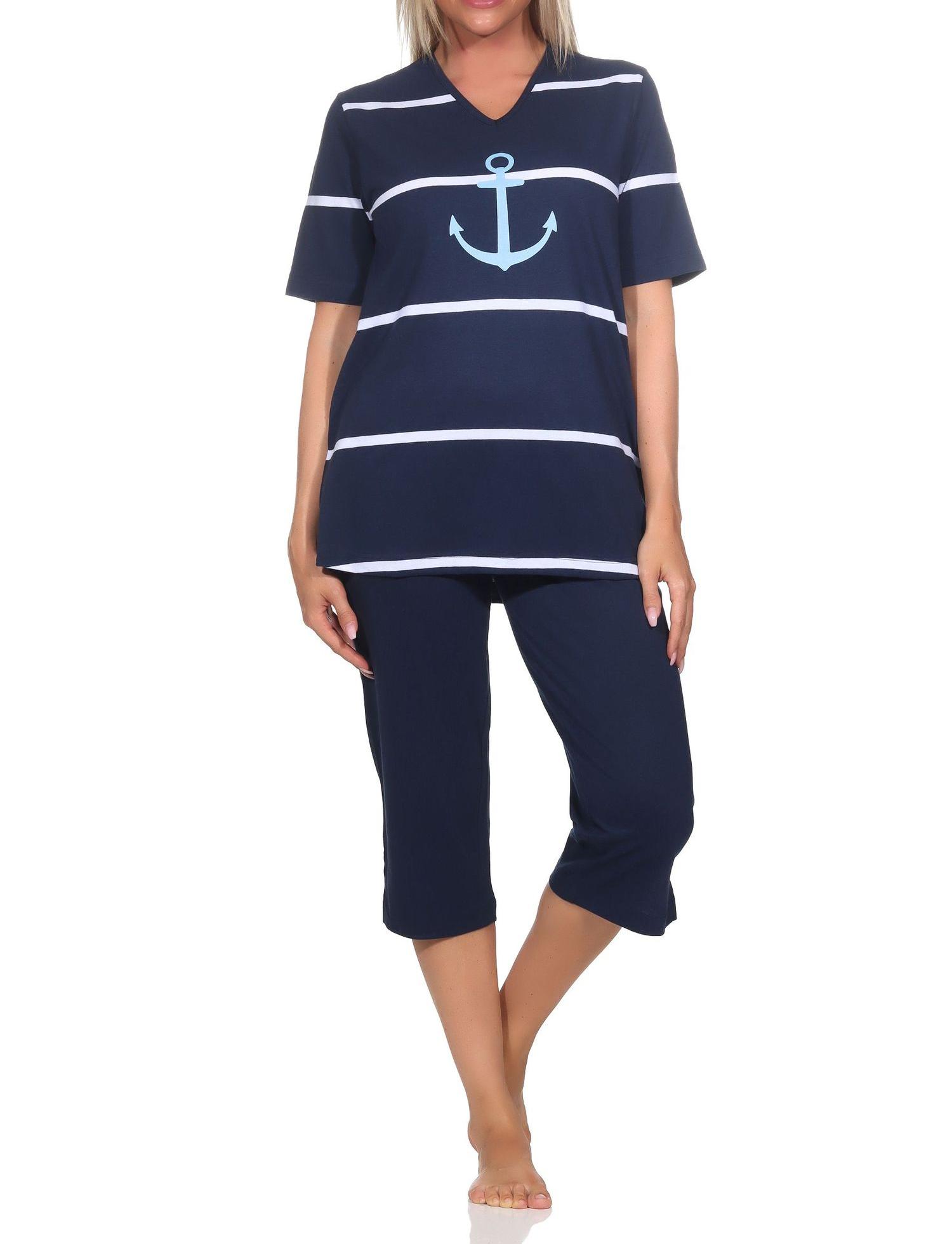 Maritimer Damen kurzarm Capri Schlafanzug Shorty mit Anker Motiv - auch in Übergröße Maritimer Damen kurzarm Capri Schlafanzug Shorty mit Anker Motiv - auch in Übergröße