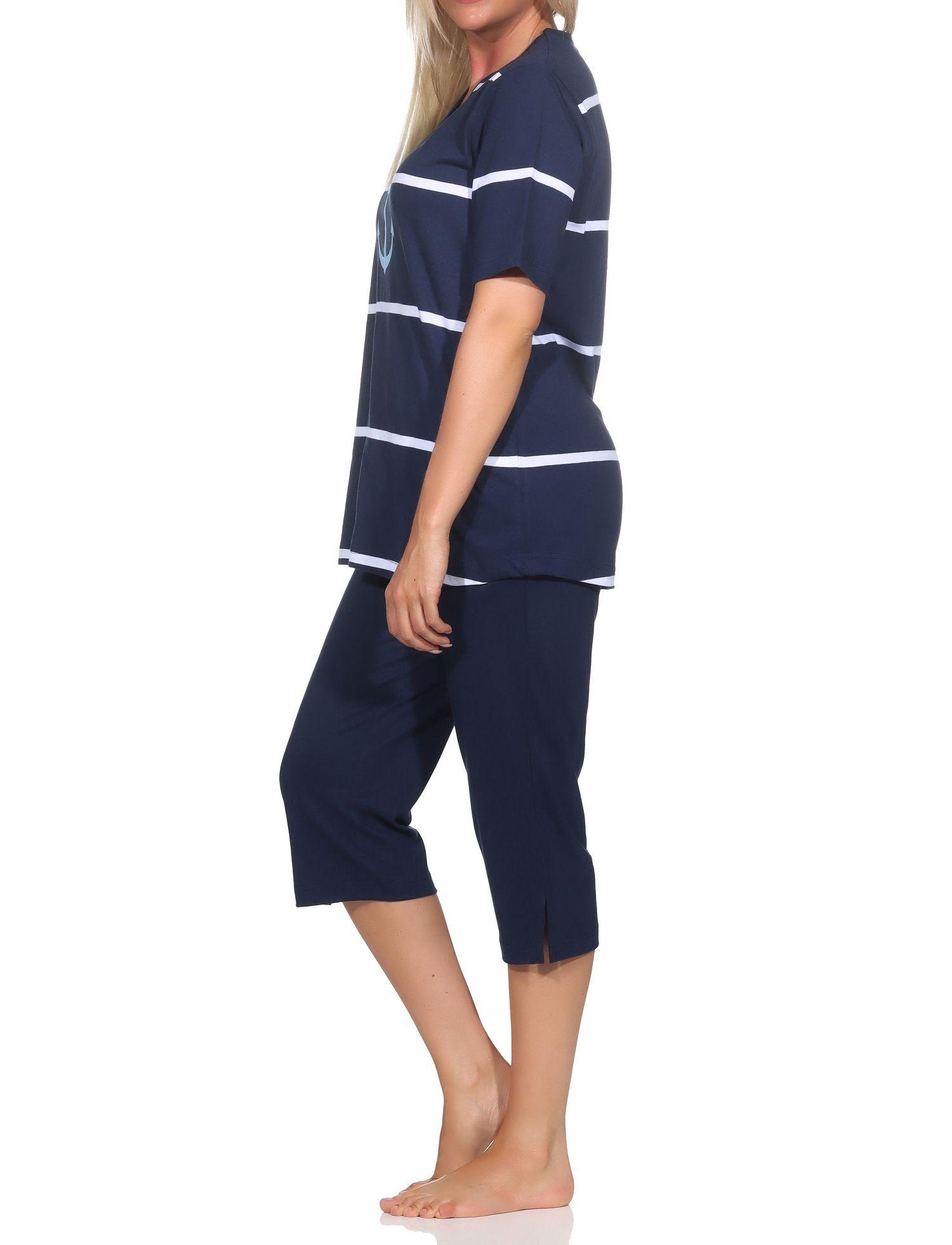 Maritimer Damen kurzarm Capri Schlafanzug Shorty mit Anker Motiv - auch in Übergröße Maritimer Damen kurzarm Capri Schlafanzug Shorty mit Anker Motiv - auch in Übergröße