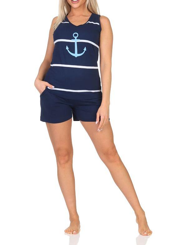 Maritimer ärmelloser Damen Shorty Schlafanzug mit Leuchturm – auch in Übergröße Maritimer ärmelloser Damen Shorty Schlafanzug mit Leuchturm – auch in Übergröße