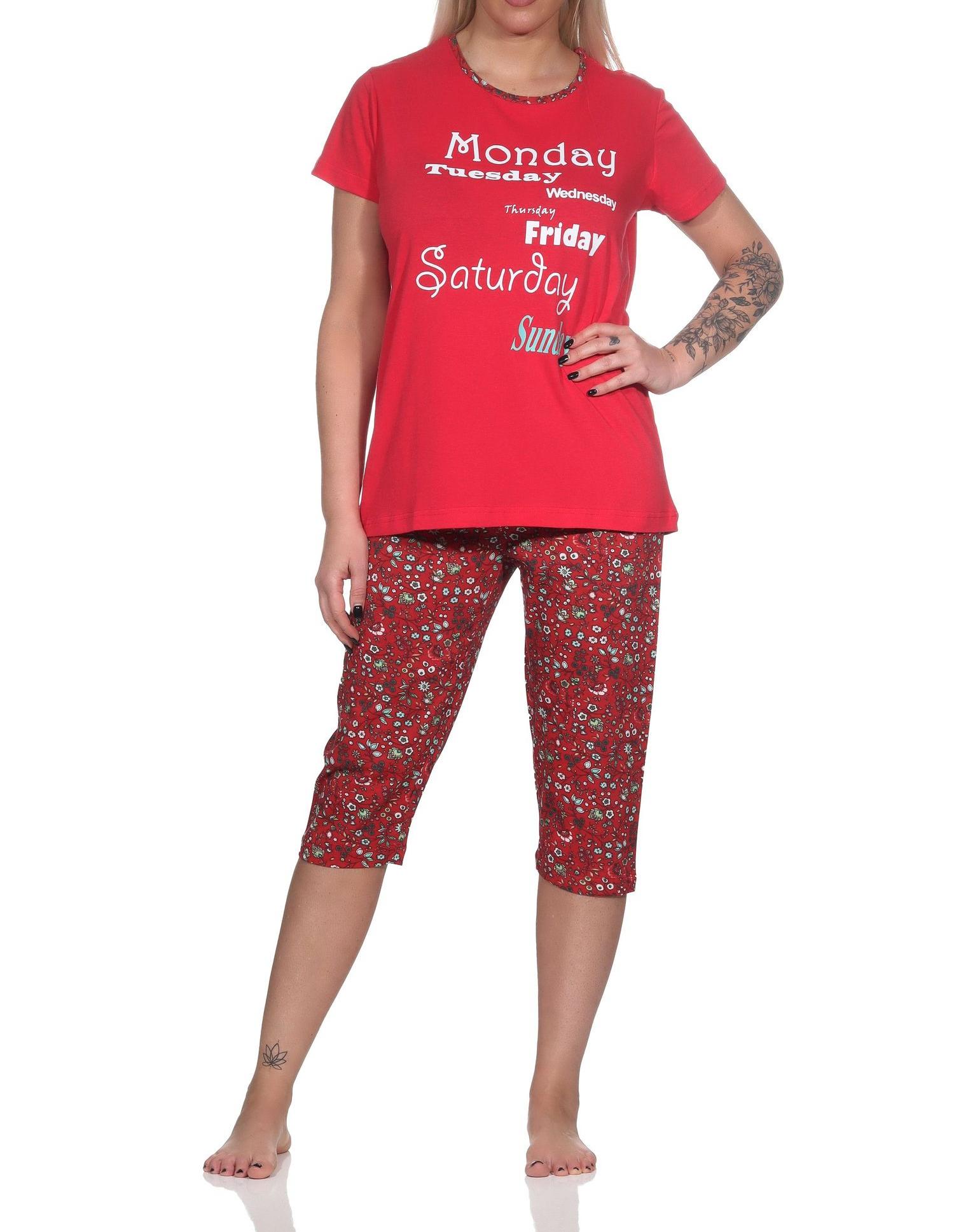 Lässiger Damen Capri Pyjama mit Allover-Muster und Frontprint, ¾ Capri Hose Lässiger Damen Capri Pyjama mit Allover-Muster und Frontprint, ¾ Capri Hose