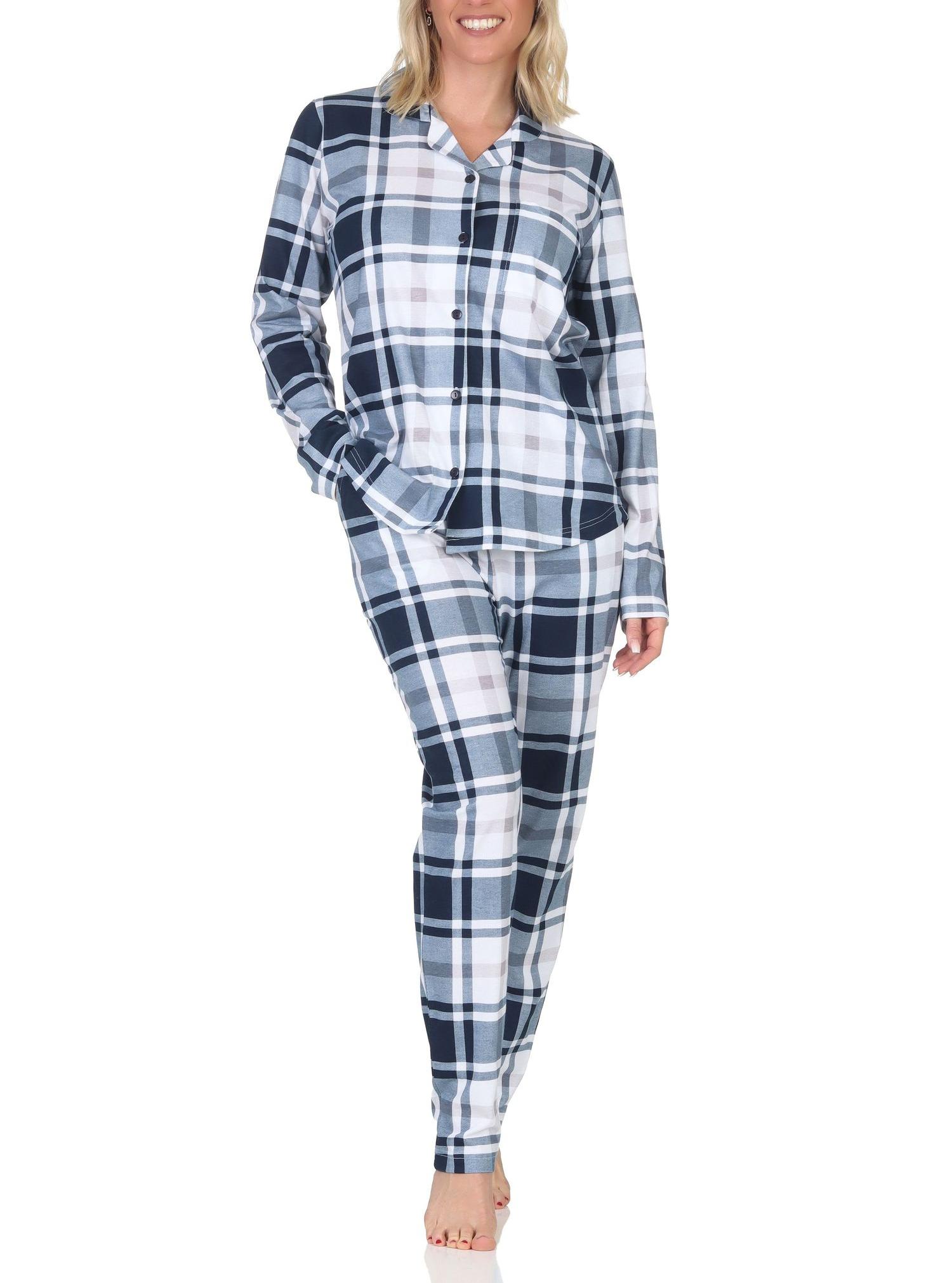 Normann Damen Pyjama aus Single Jersey zum durchknöpfen in Karo Optik - auch in Übergröße