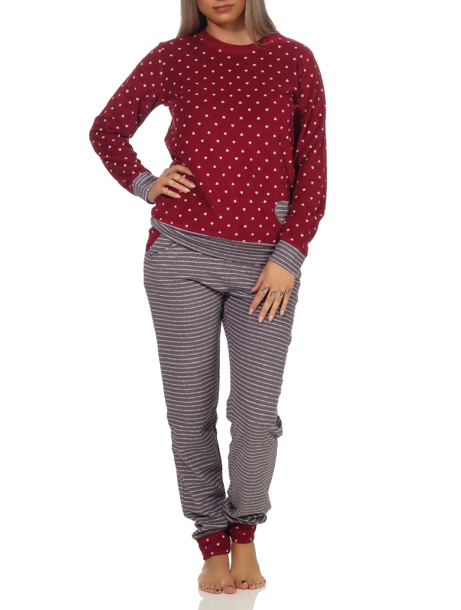Normann Damen Frottee Pyjama lang mit Bündchen in Tupfen- und Ringeldesign