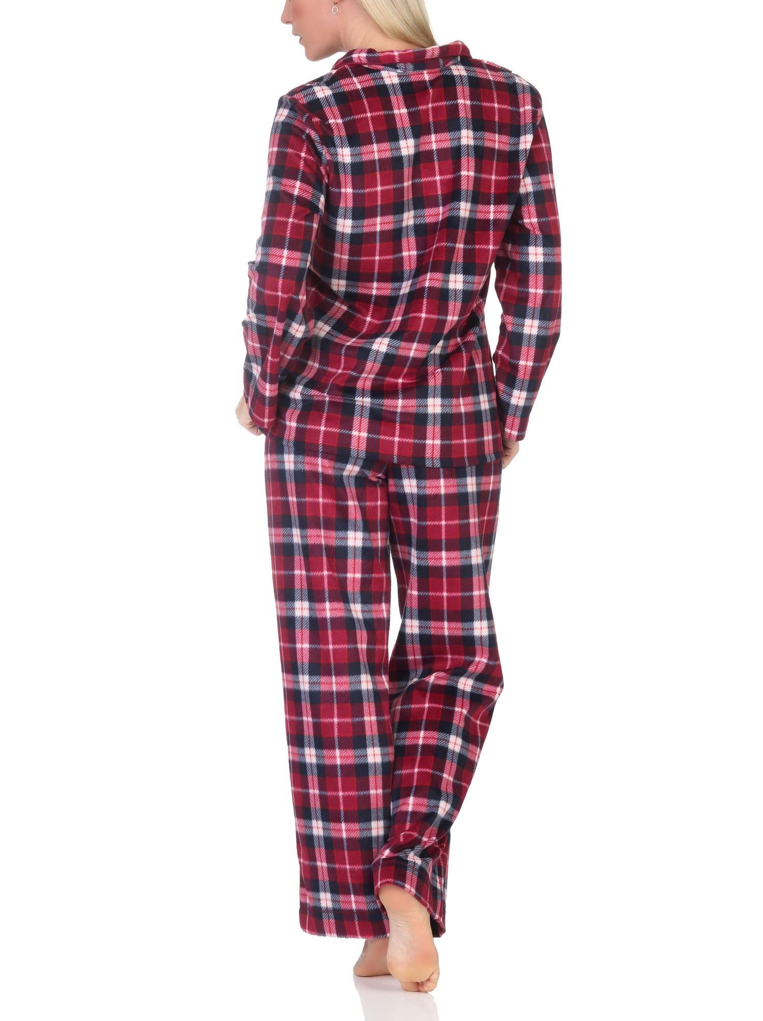 Normann Damen Fleece Schlafanzug lang in edler Karo-Optik zum durchknöpfen