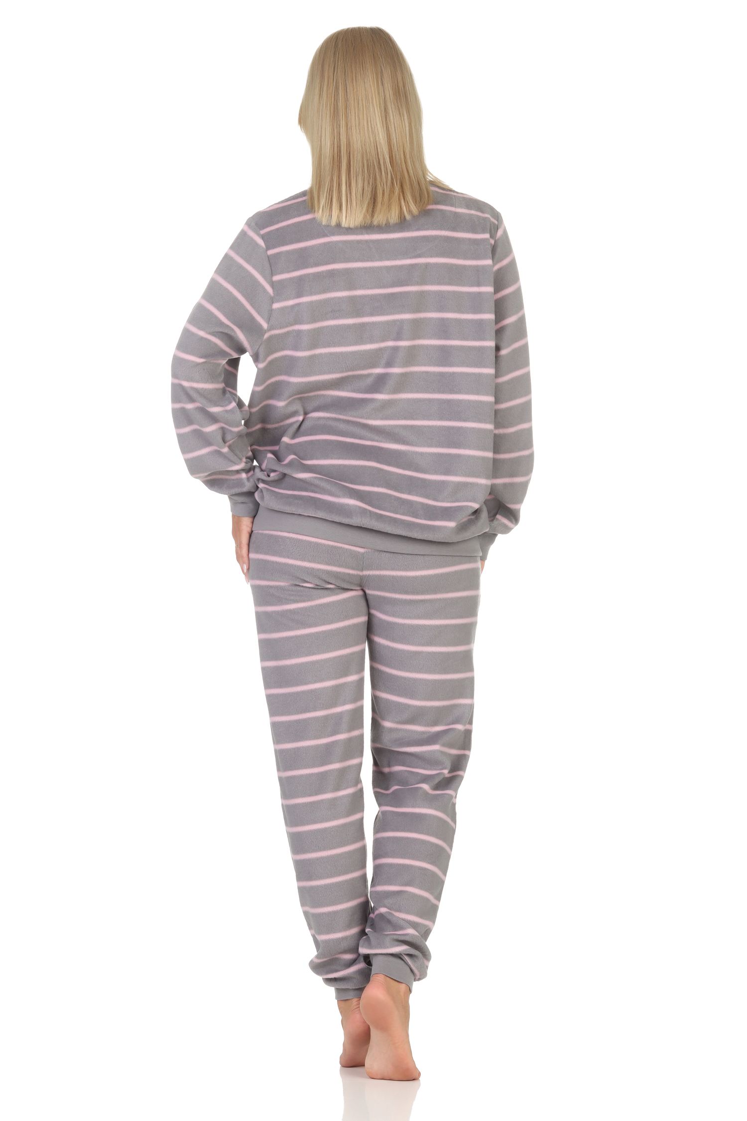 Normann Damen langarm Fleece Schlafanzug mit Bündchen in chilliger Optik