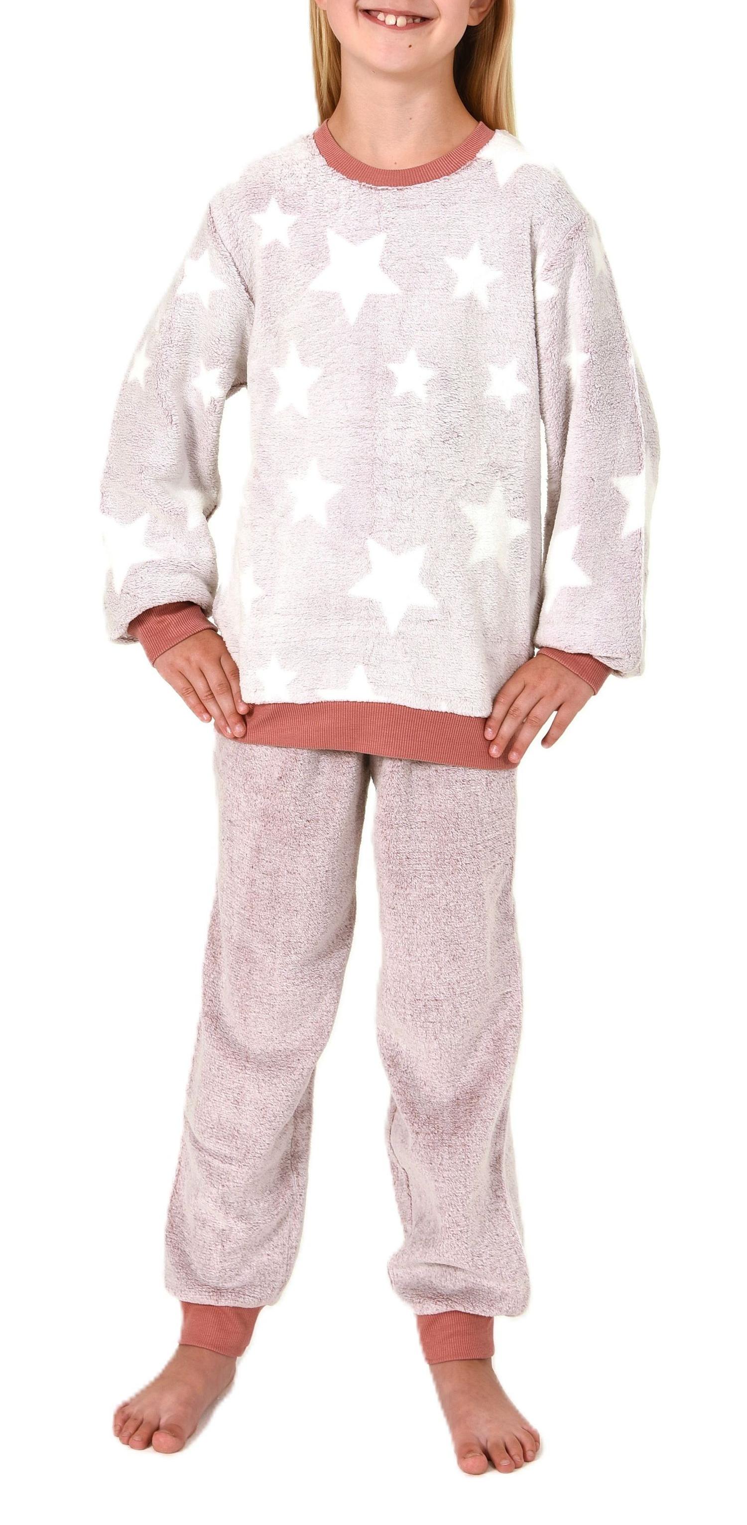 Kuschelig warmer Mädchen Schlafanzug Pyjama aus Coralfleece in Tupfen Optik