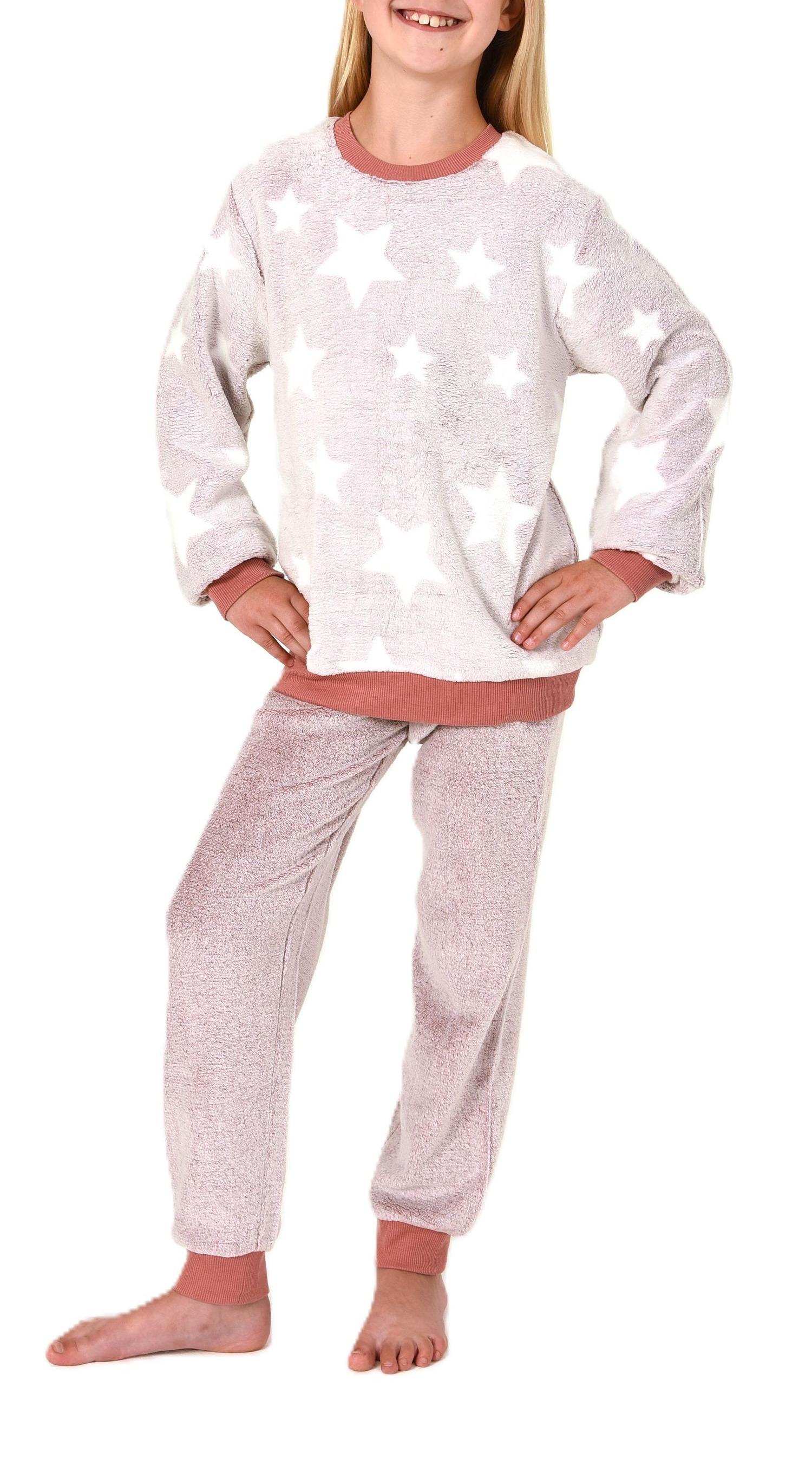 Kuschelig warmer Mädchen Schlafanzug Pyjama aus Coralfleece in Tupfen Optik