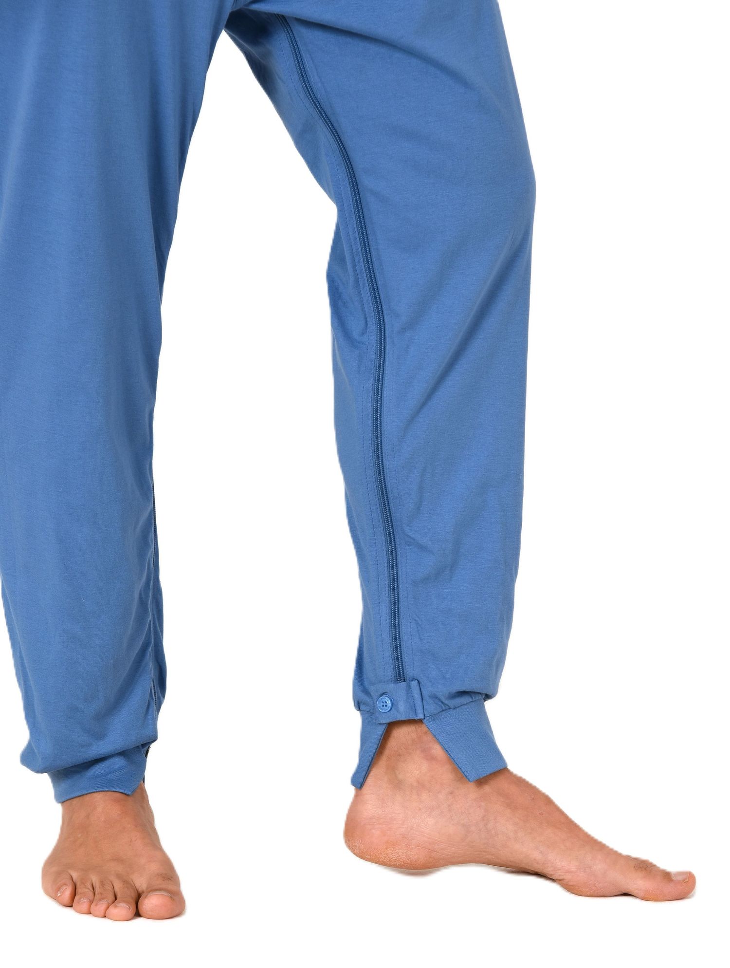 Herren Pflegeoverall langarm Einteiler Schlafanzug mit Reissverschluss am Rücken und Bein