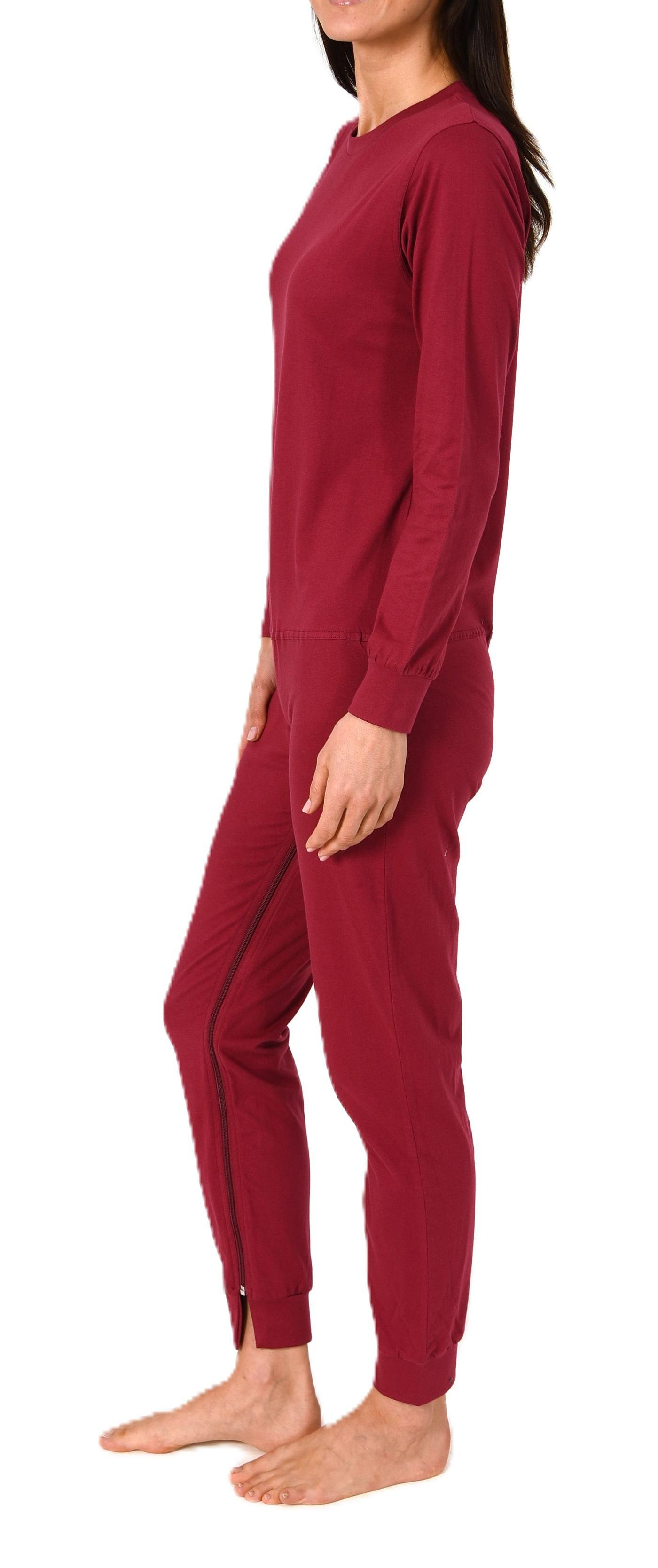Damen Pflegeoverall langarm Einteiler Schlafanzug mit Reißverschluss am Bein