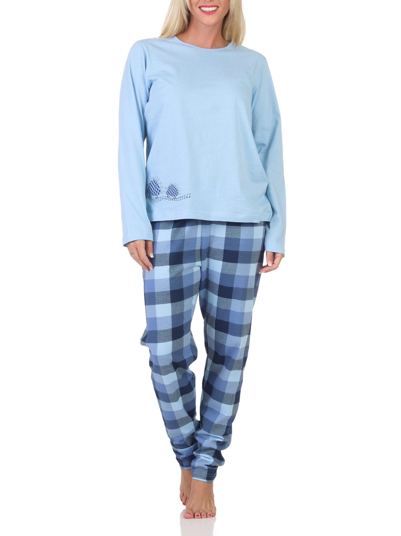 Normann Damen Jersey Schlafanzug langarm Pyjama mit karierter Hose und Tiermotiv Normann Damen Jersey Schlafanzug langarm Pyjama mit karierter Hose und Tiermotiv