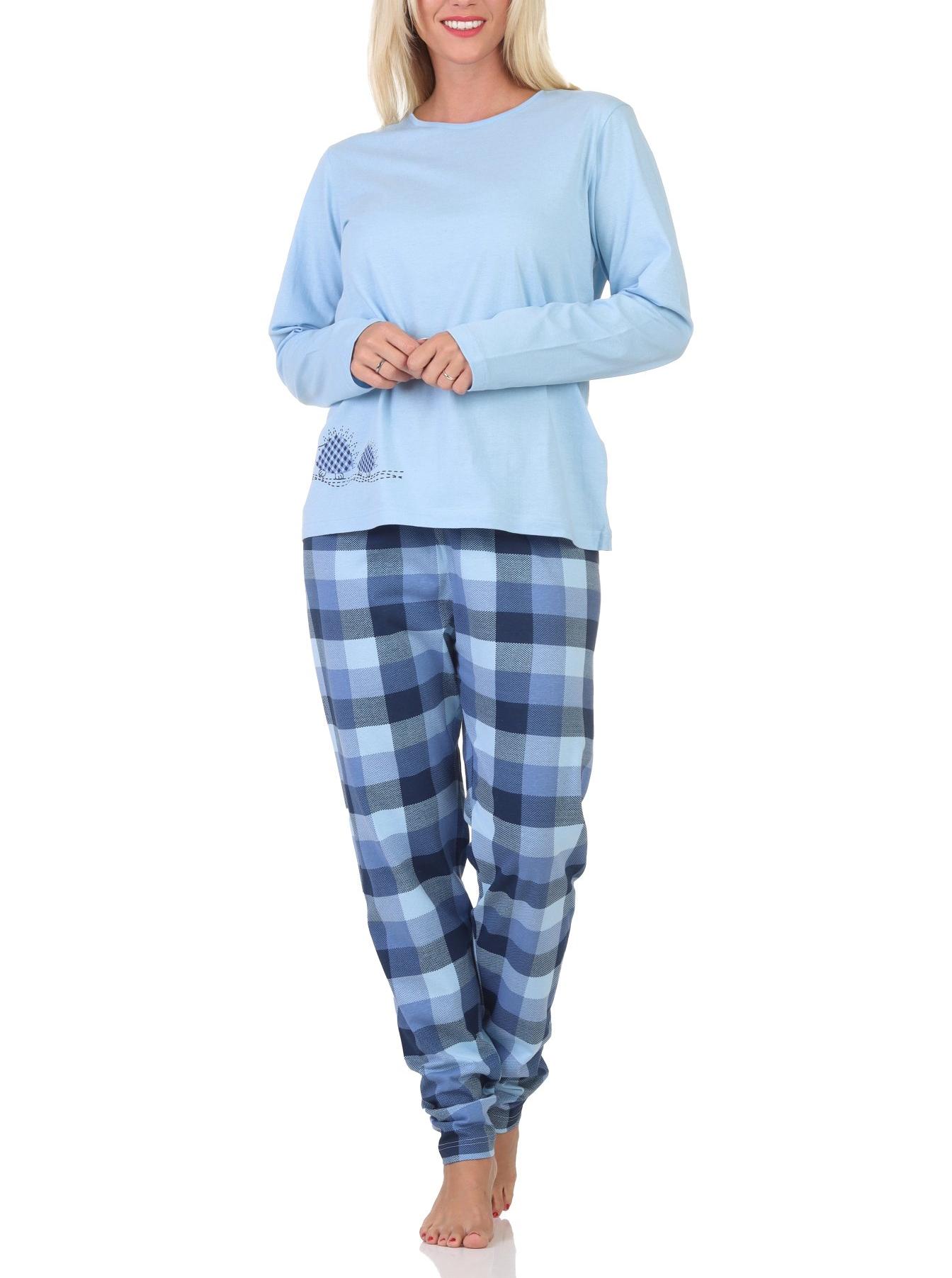 Normann Damen Jersey Schlafanzug langarm Pyjama mit karierter Hose und Tiermotiv