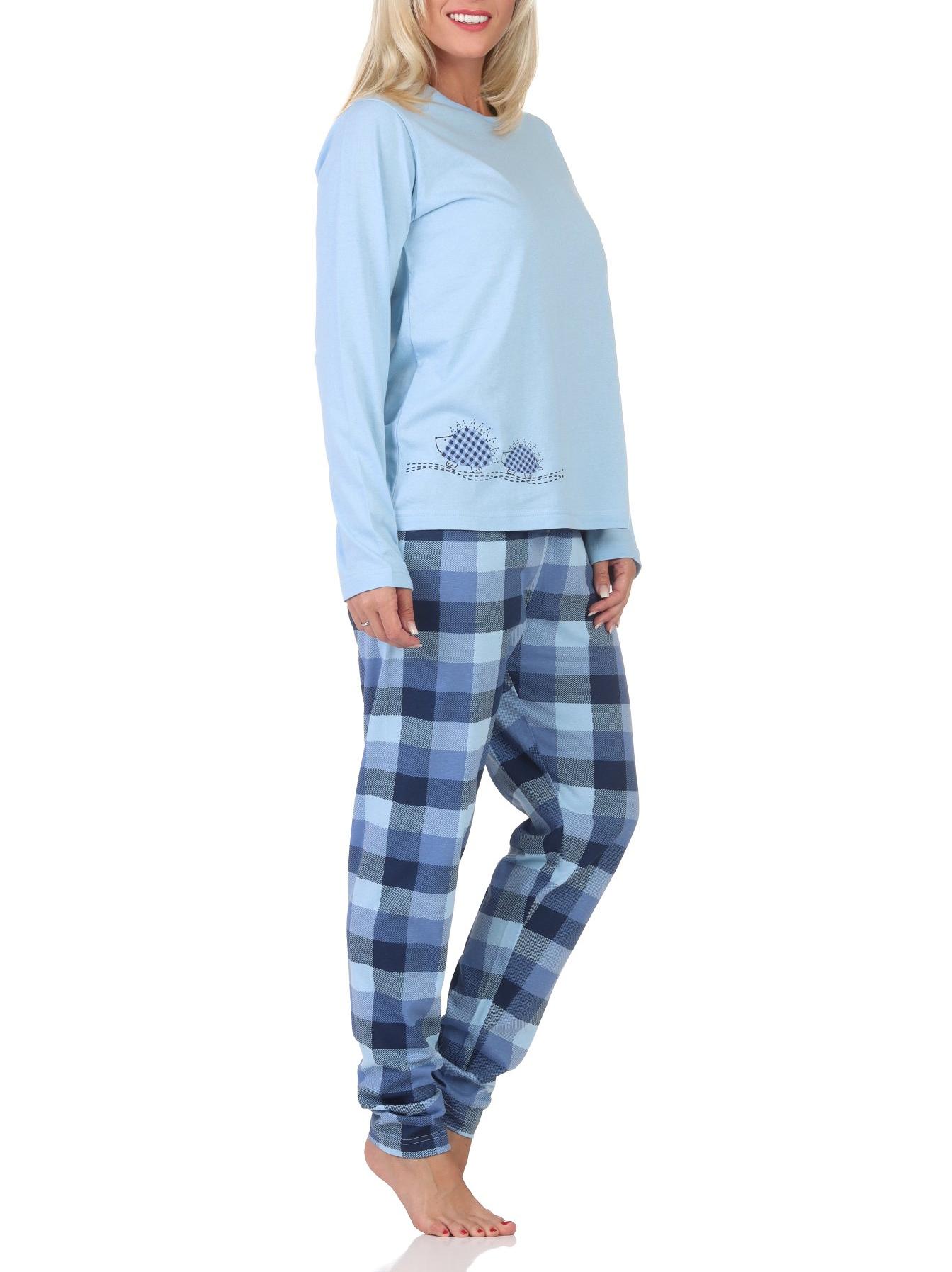 Normann Damen Jersey Schlafanzug langarm Pyjama mit karierter Hose und Tiermotiv