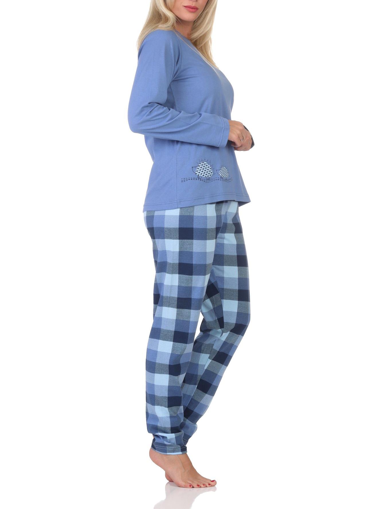 Normann Damen Jersey Schlafanzug langarm Pyjama mit karierter Hose und Tiermotiv