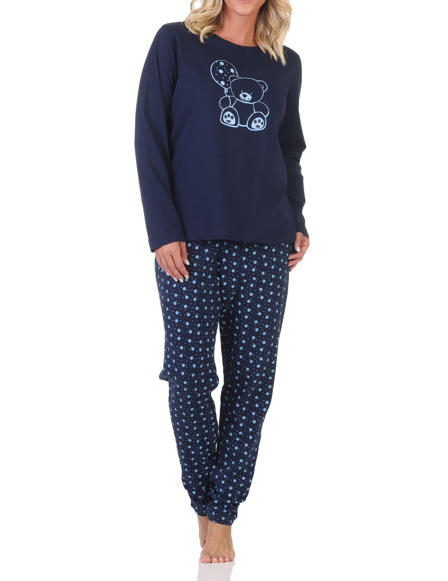 Niedlicher Normann Damen Pyjama Schlafanzug langarm mit süßem Teddy-Motiv und Punkten