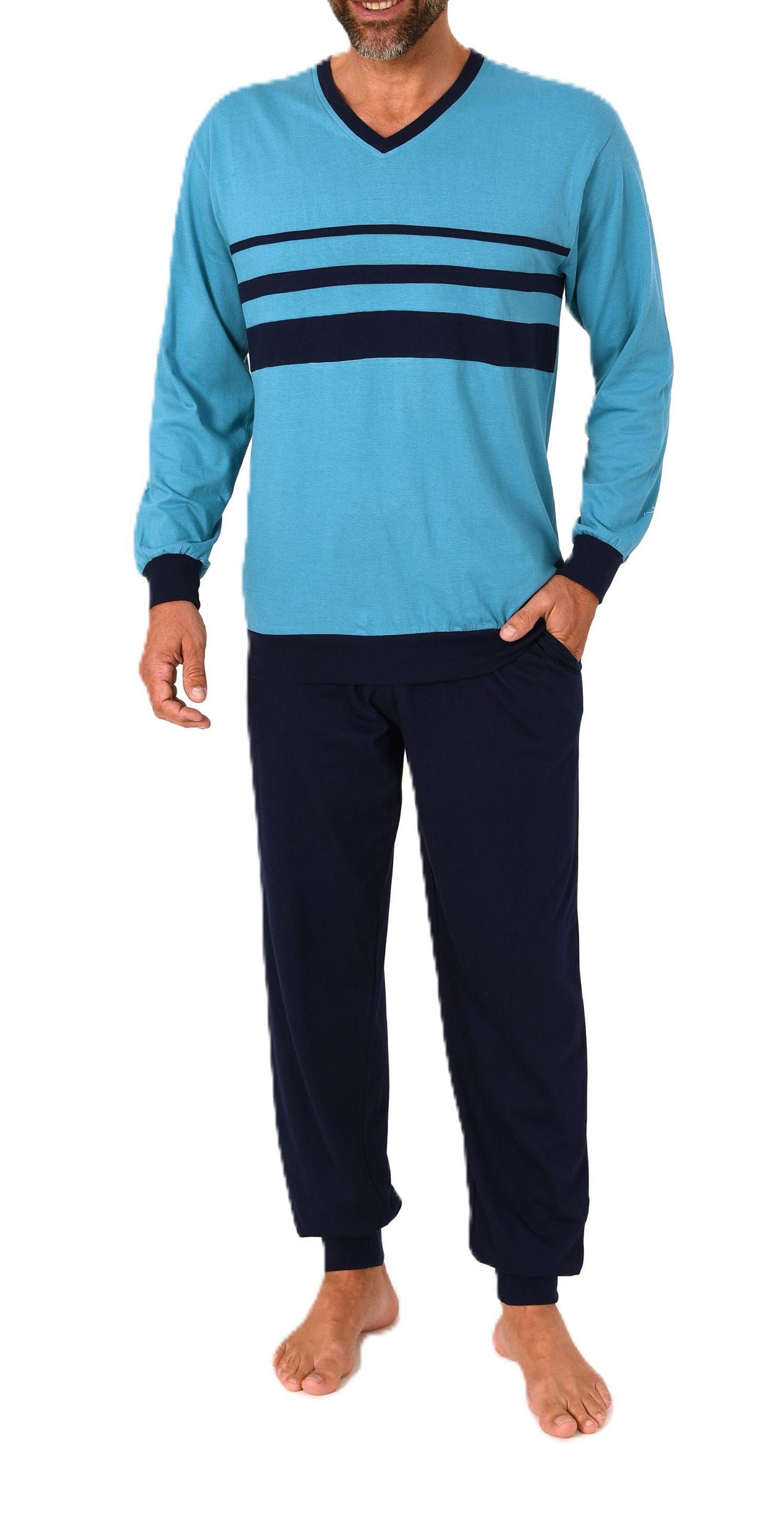 Normann Herren Schlafanzug lang Pyjama mit eleganten Front-Streifen – auch in Übergröße